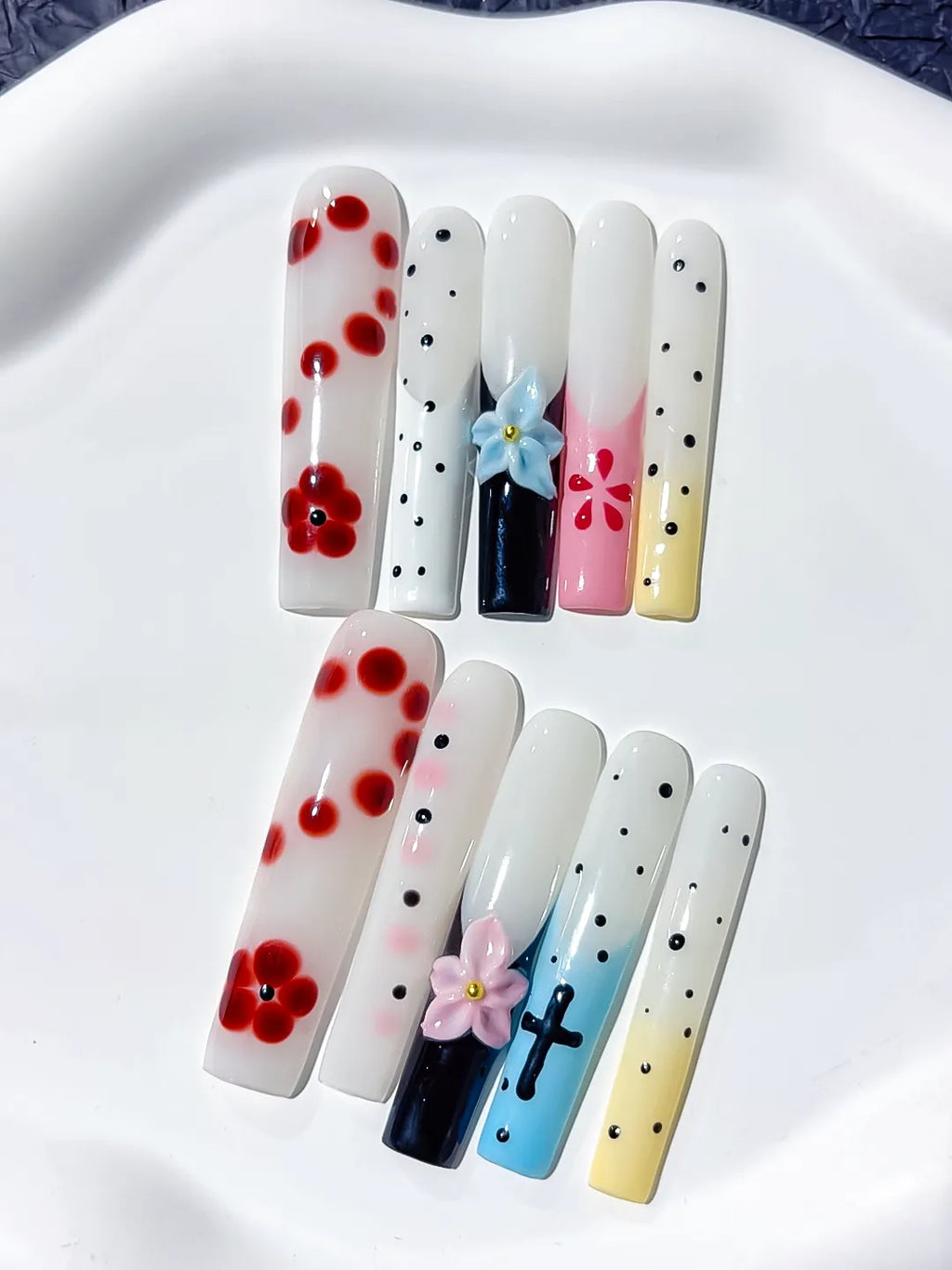 White Red Black Pink Blue Yellow Abstract Flower Cross Dot 3D press on nails detail view
