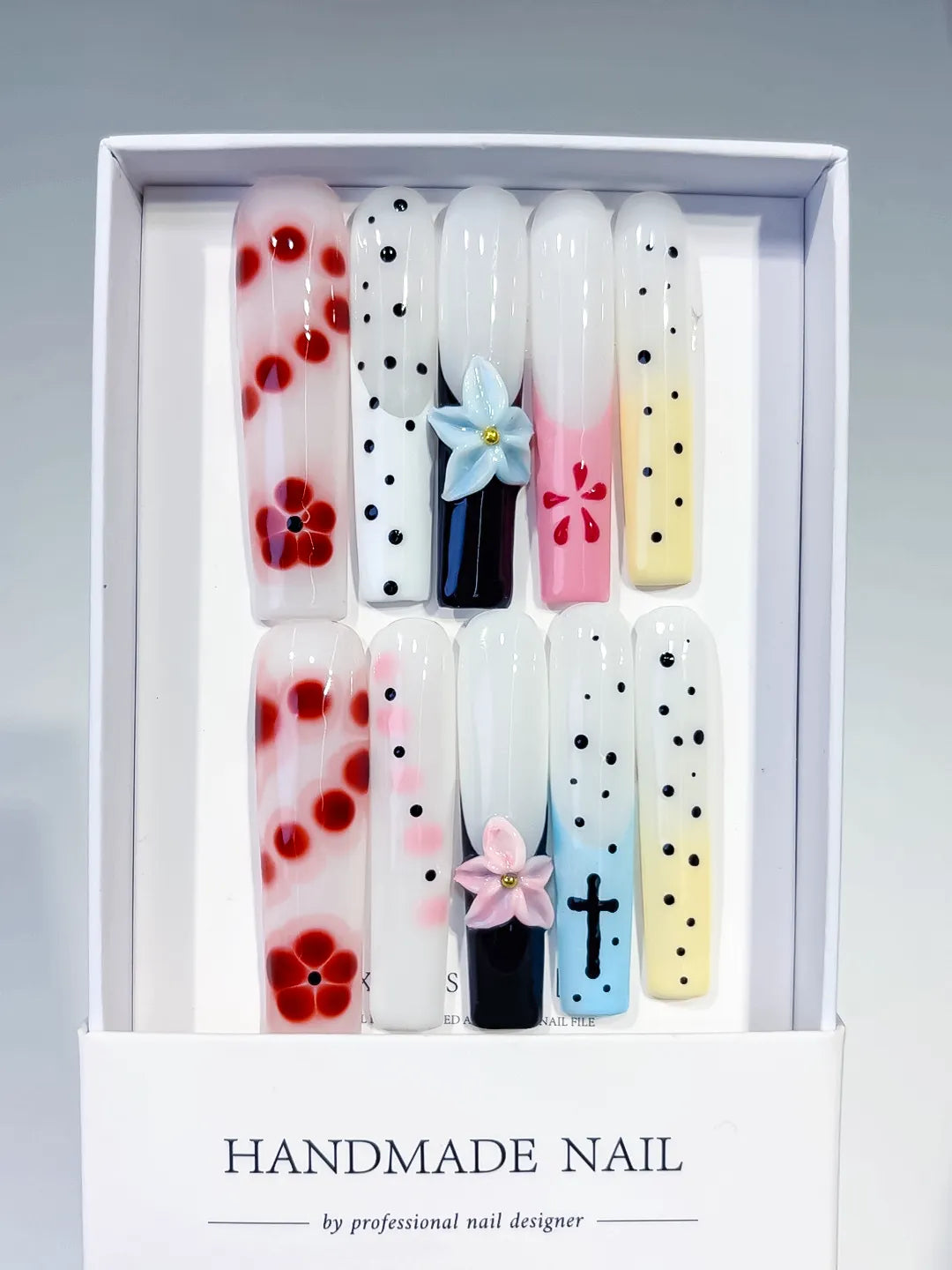White Red Black Pink Blue Yellow Abstract Flower Cross Dot 3D press on nails full set view