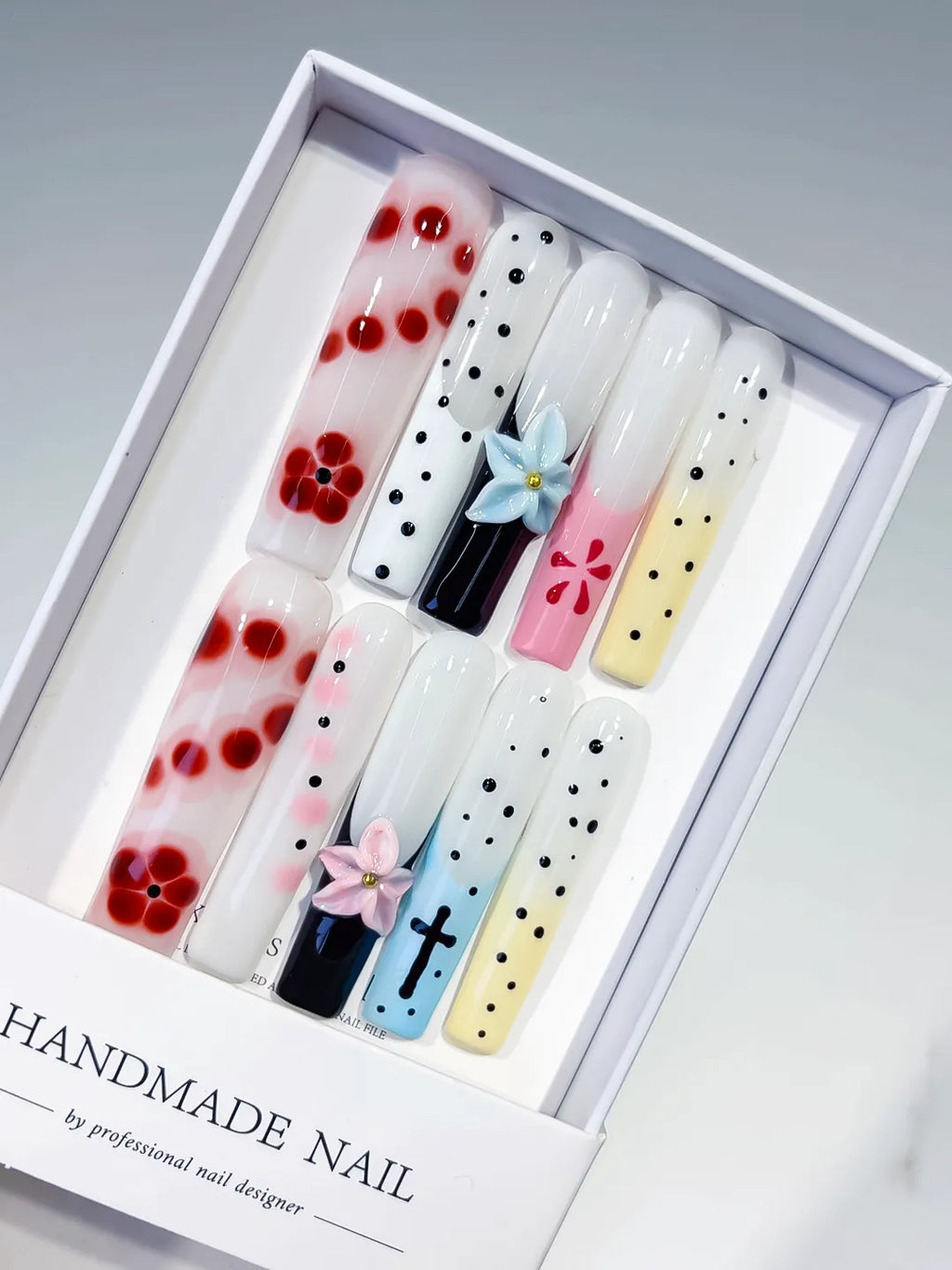 White Red Black Pink Blue Yellow Abstract Flower Cross Dot 3D press on nails