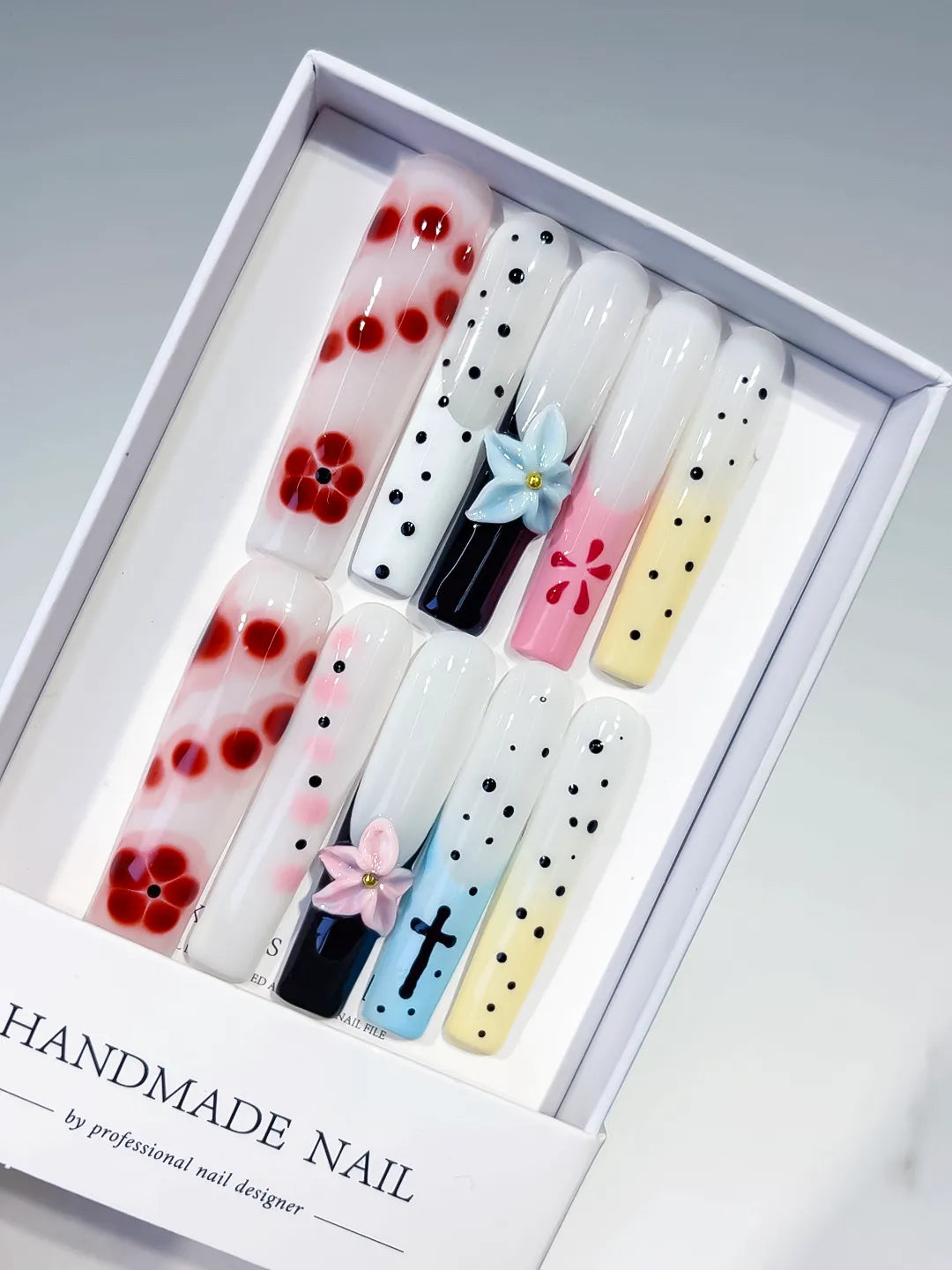 White Red Black Pink Blue Yellow Abstract Flower Cross Dot 3D press on nails