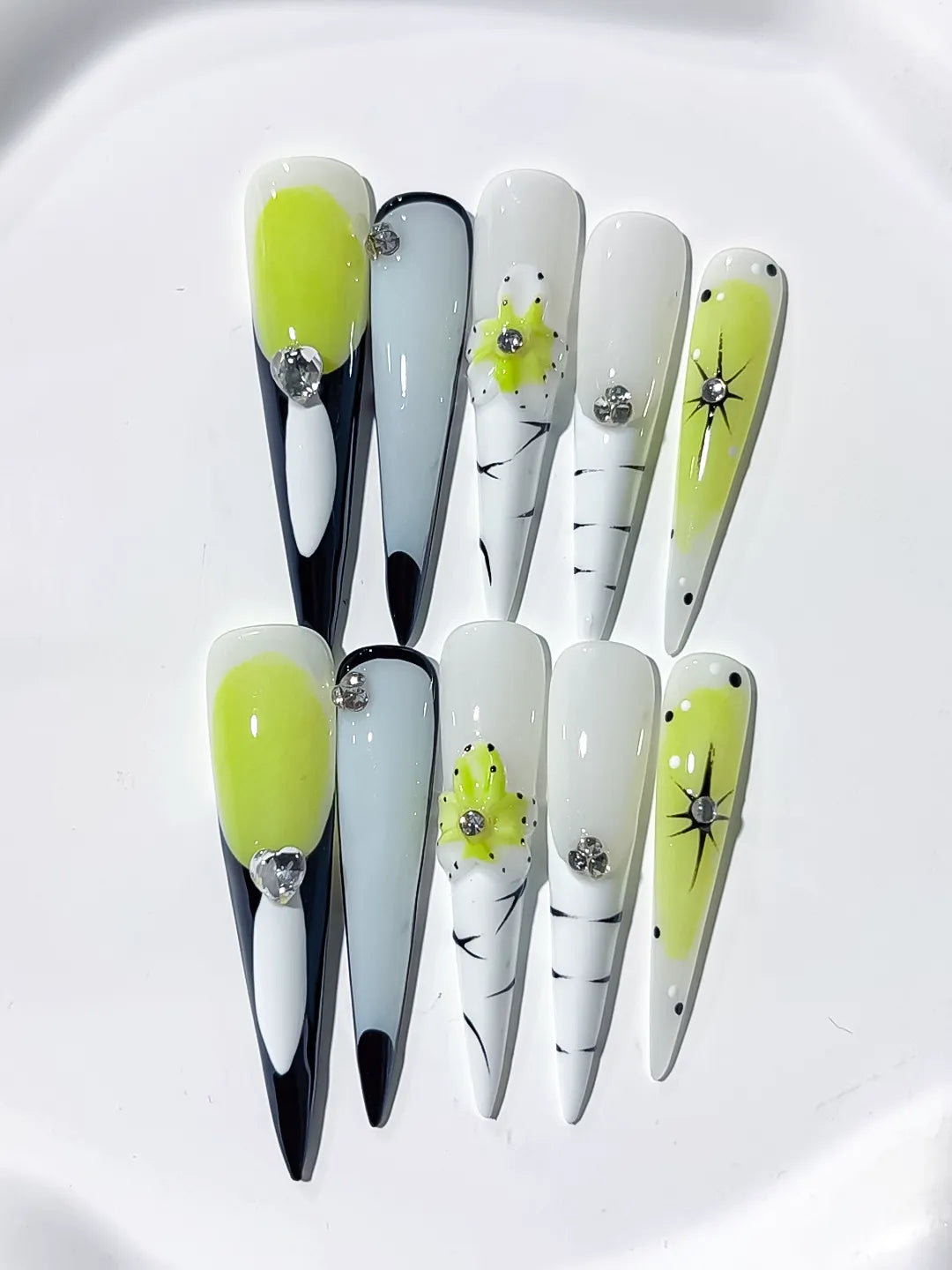 Green White Black Blue Silver Abstract Flower Rhinestone press on nails close up