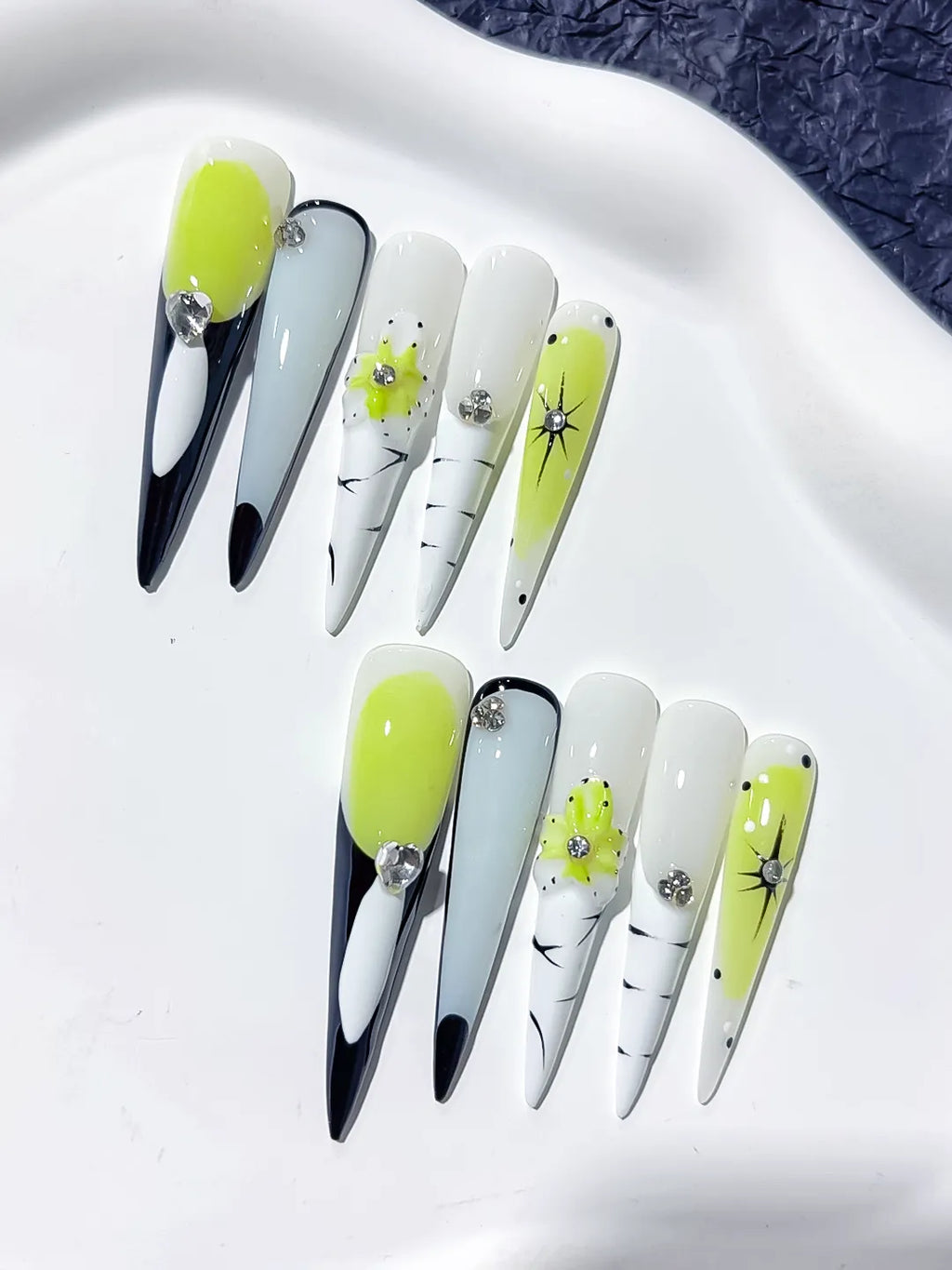 Green White Black Blue Silver Abstract Flower Rhinestone press on nails detail view