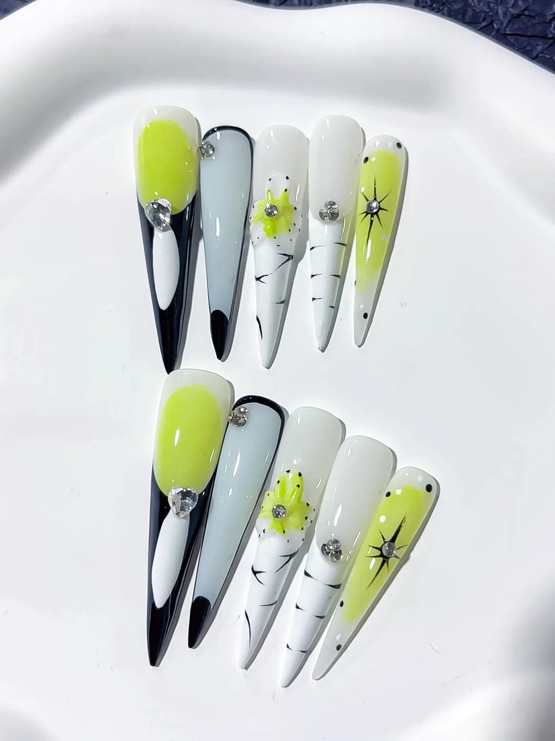 Green White Black Blue Silver Abstract Flower Rhinestone press on nails detail view