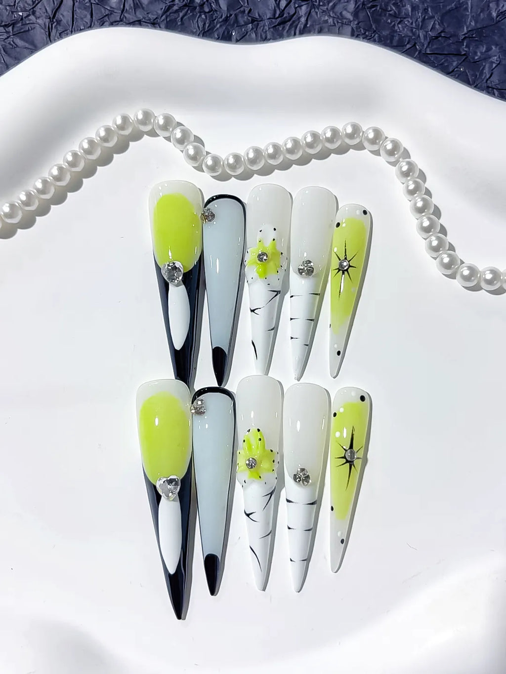 Green White Black Blue Silver Abstract Flower Rhinestone press on nails detail view