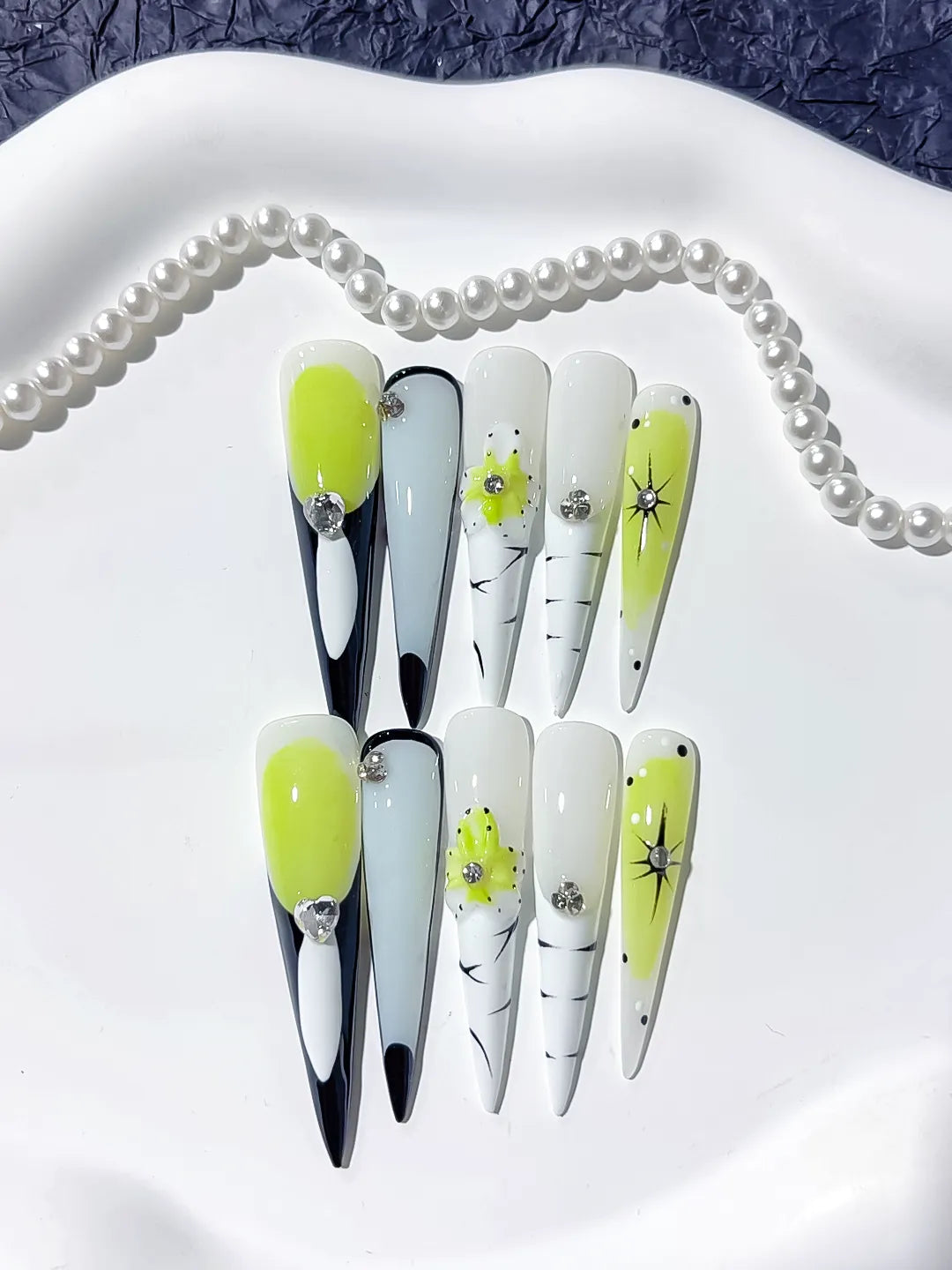 Green White Black Blue Silver Abstract Flower Rhinestone press on nails detail view