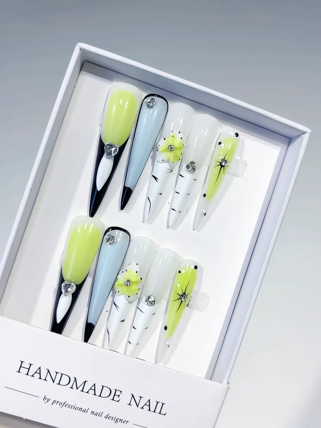 Green White Black Blue Silver Abstract Flower Rhinestone press on nails