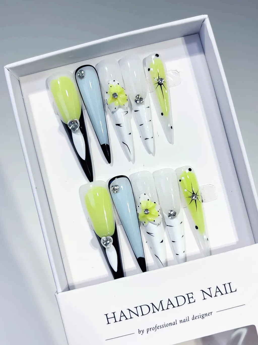 Green White Black Blue Silver Abstract Flower Rhinestone press on nails angled view