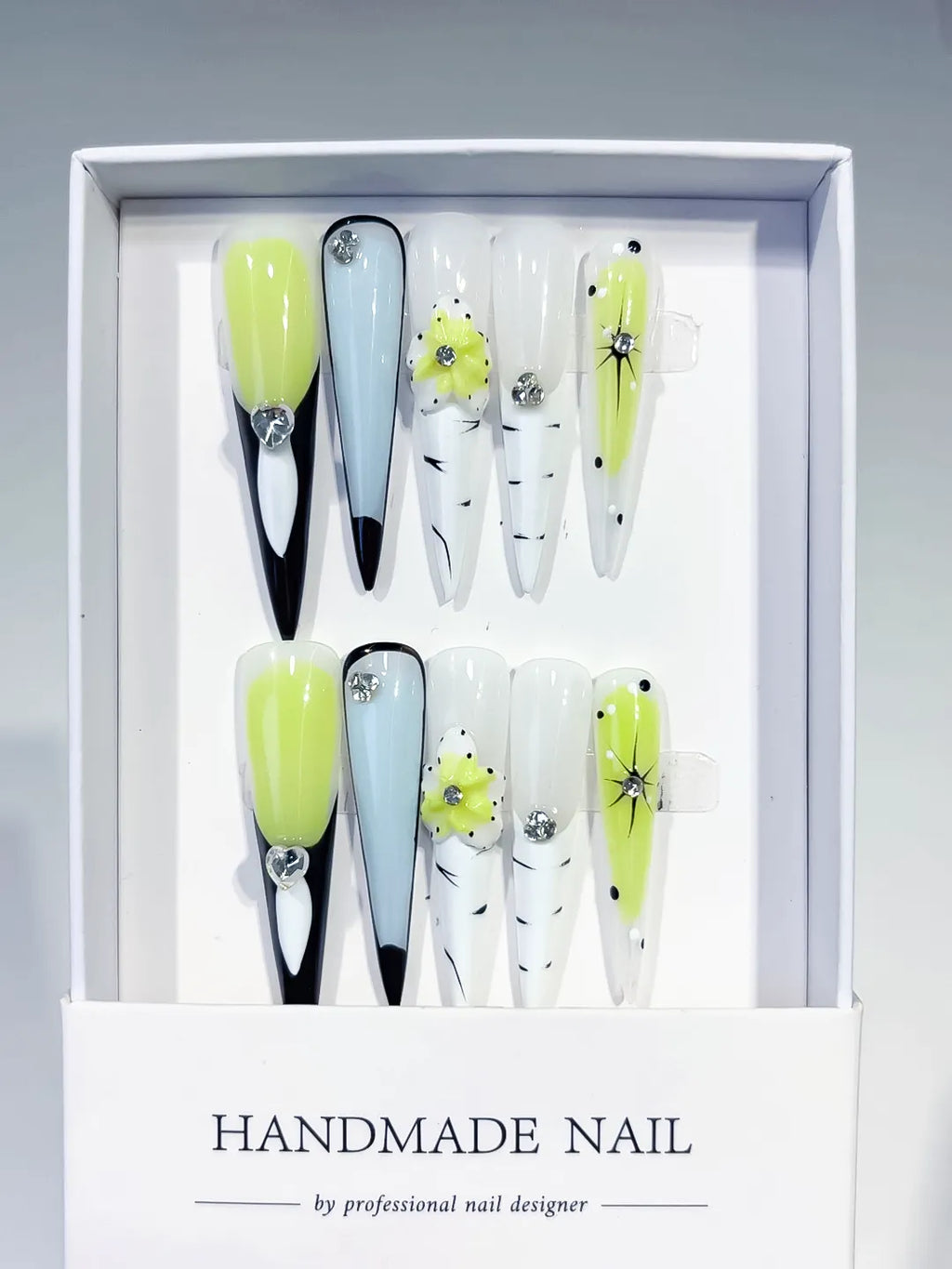 Green White Black Blue Silver Abstract Flower Rhinestone press on nails full set view