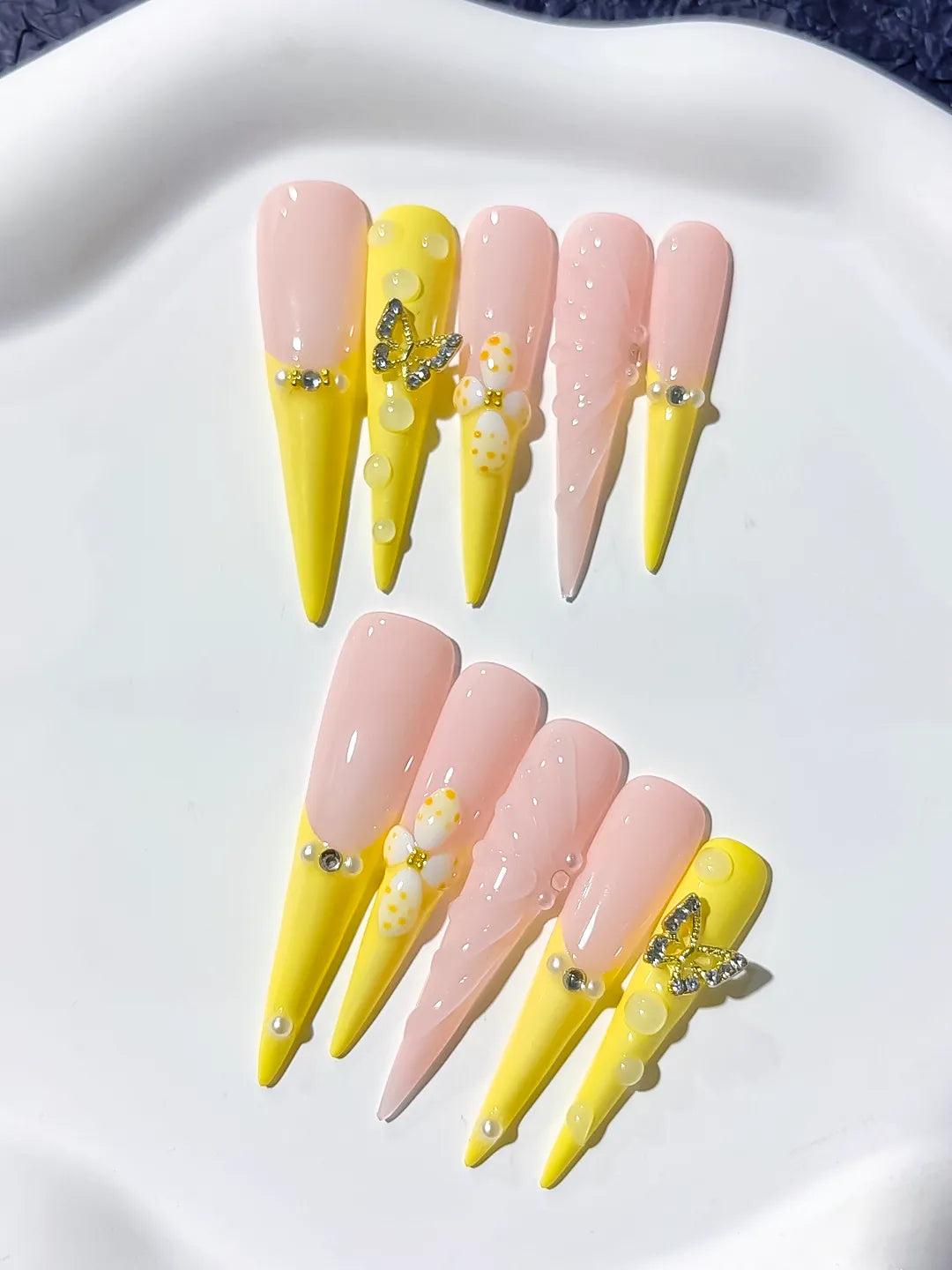 Yellow Nude White Silver French tip Flower Butterfly Rhinestone Pearl press on nails close up