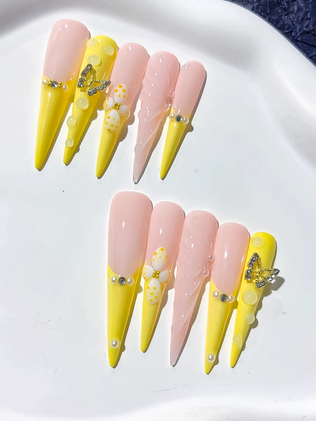 Yellow Nude White Silver French tip Flower Butterfly Rhinestone Pearl press on nails detail view
