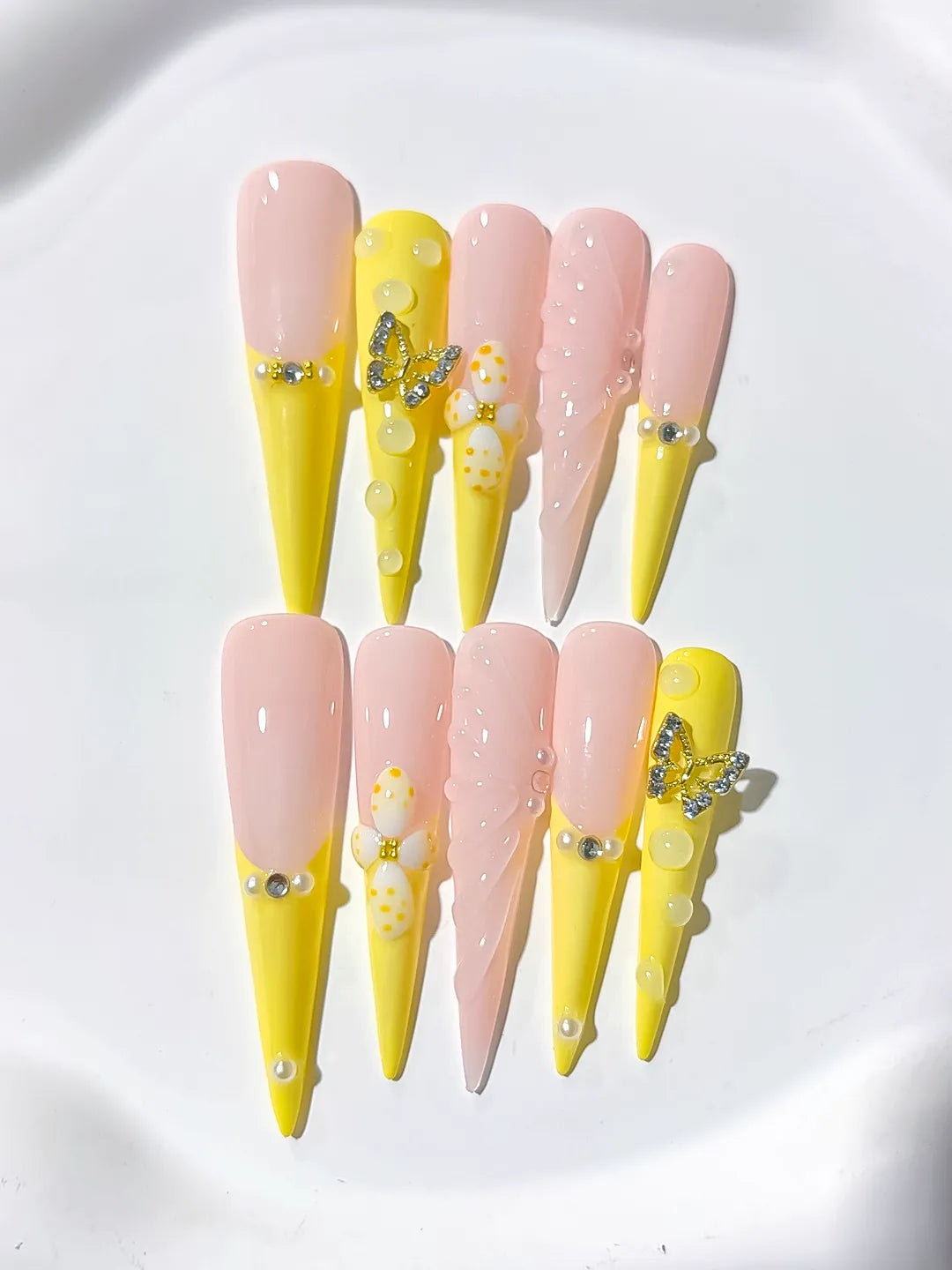 Yellow Nude White Silver French tip Flower Butterfly Rhinestone Pearl press on nails detail view