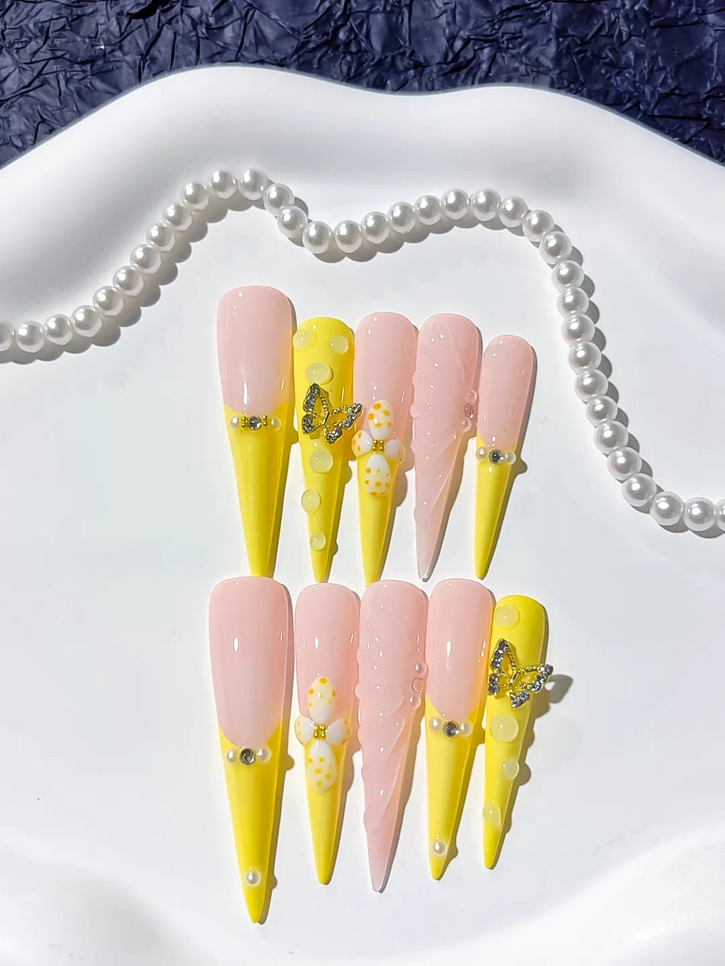 Yellow Nude White Silver French tip Flower Butterfly Rhinestone Pearl press on nails detail view