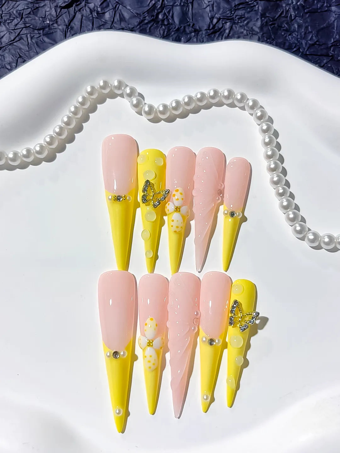 Yellow Nude White Silver French tip Flower Butterfly Rhinestone Pearl press on nails detail view