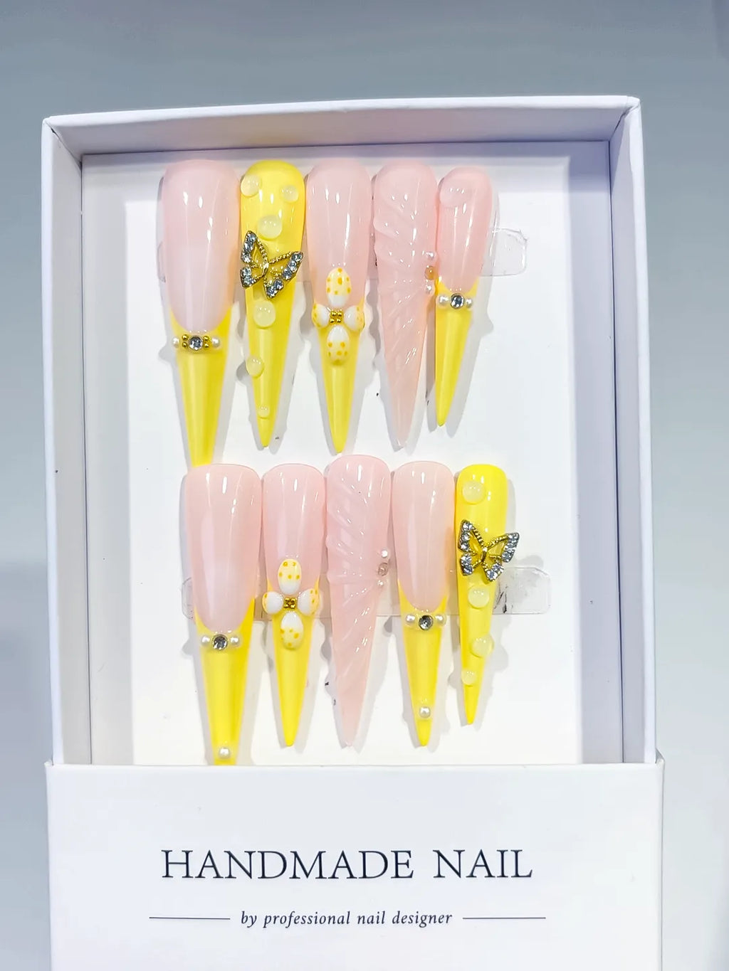 Yellow Nude White Silver French tip Flower Butterfly Rhinestone Pearl press on nails full set view