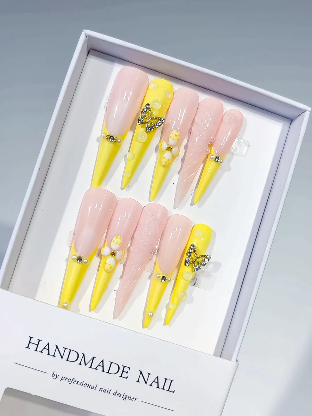 Yellow Nude White Silver French tip Flower Butterfly Rhinestone Pearl press on nails