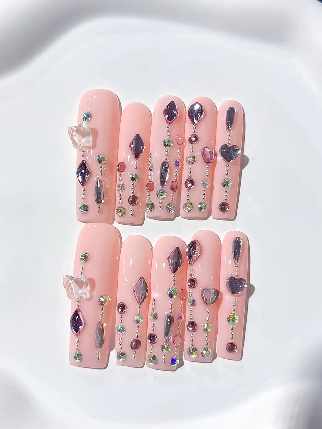 Pink Purple Silver Solid color Heart Rhinestone Shell 3D press on nails close up