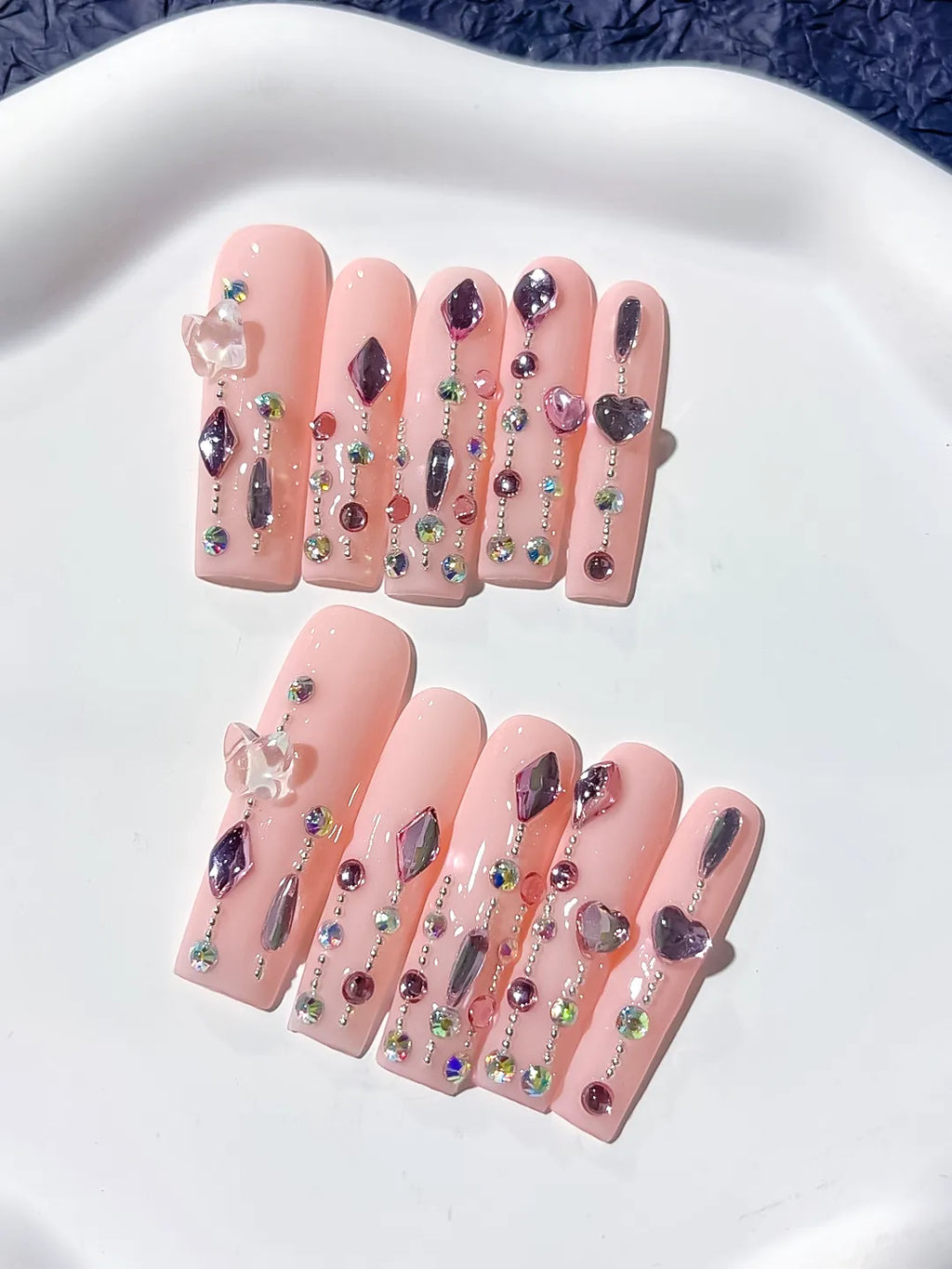 Pink Purple Silver Solid color Heart Rhinestone Shell 3D press on nails detail view