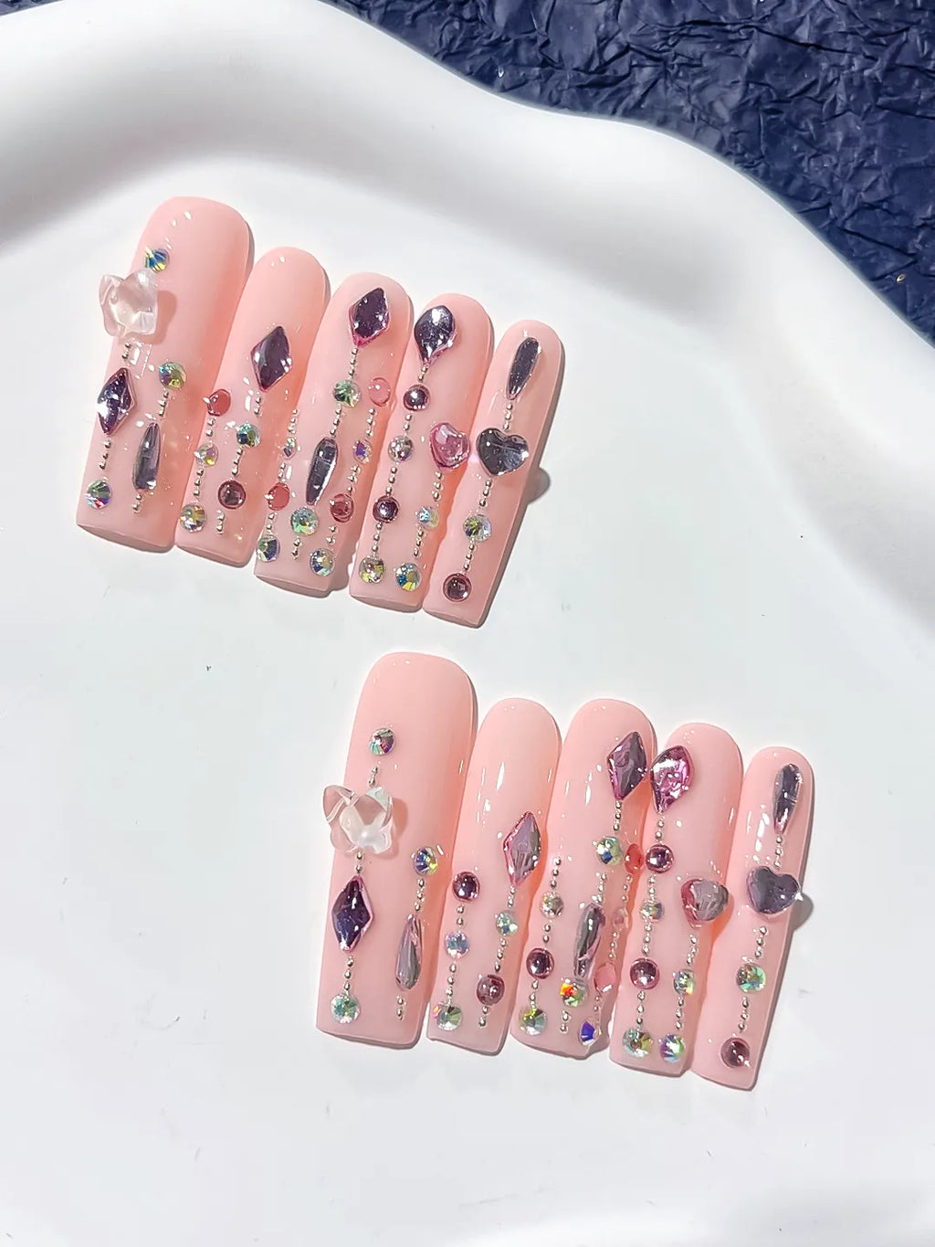 Pink Purple Silver Solid color Heart Rhinestone Shell 3D press on nails detail view