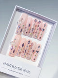 Pink Purple Silver Solid color Heart Rhinestone Shell 3D press on nails