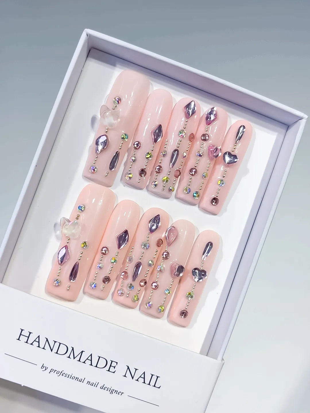 Pink Purple Silver Solid color Heart Rhinestone Shell 3D press on nails