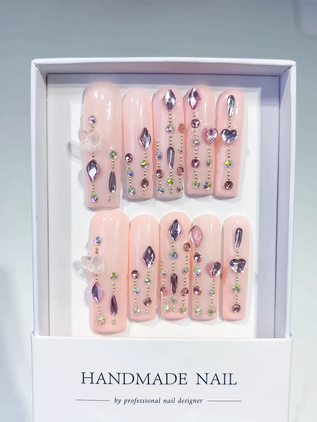Pink Purple Silver Solid color Heart Rhinestone Shell 3D press on nails full set view