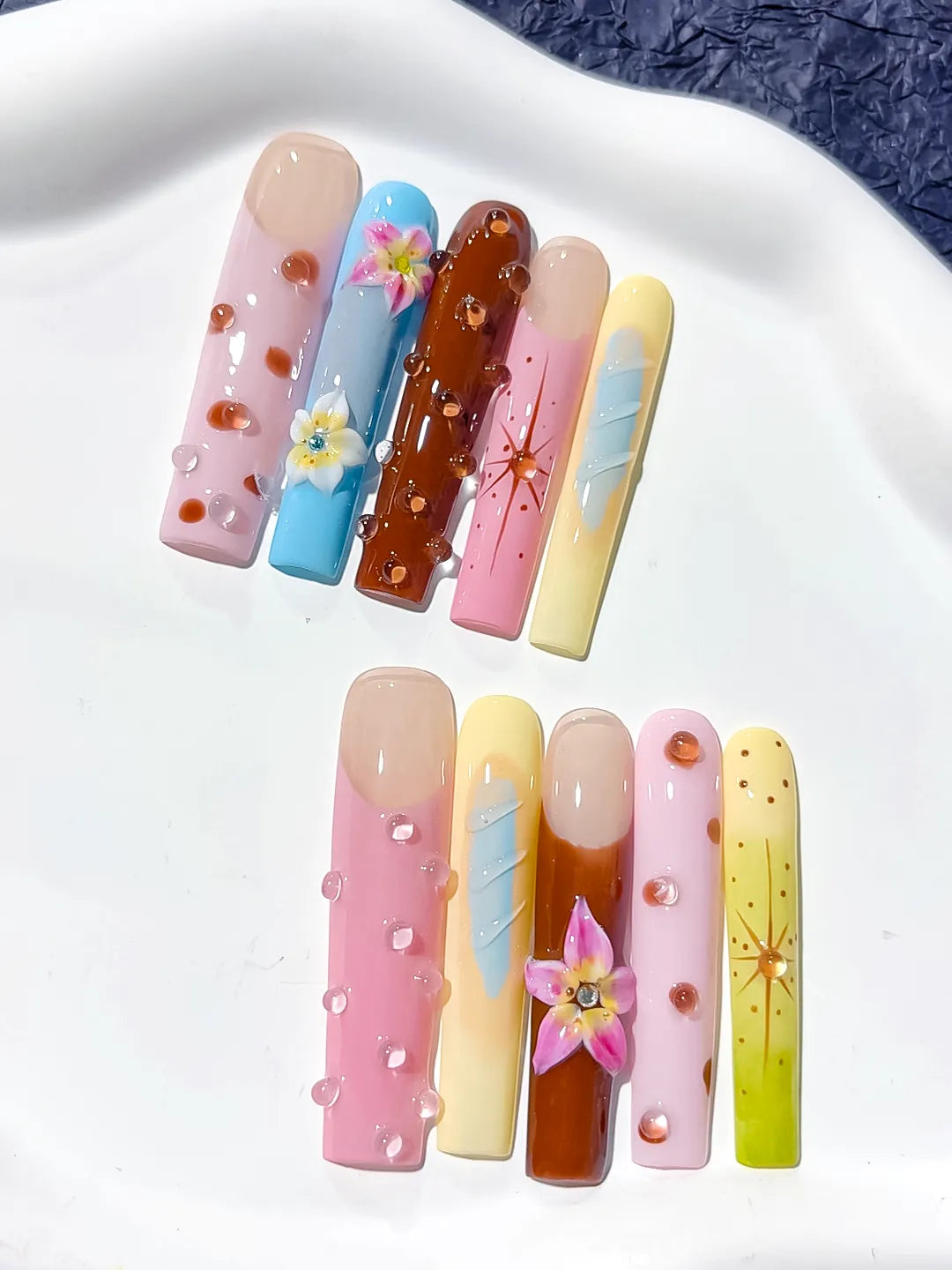 Nude Pink Brown Blue Yellow Green Abstract Flower Dot Starburst 3D press on nails close up