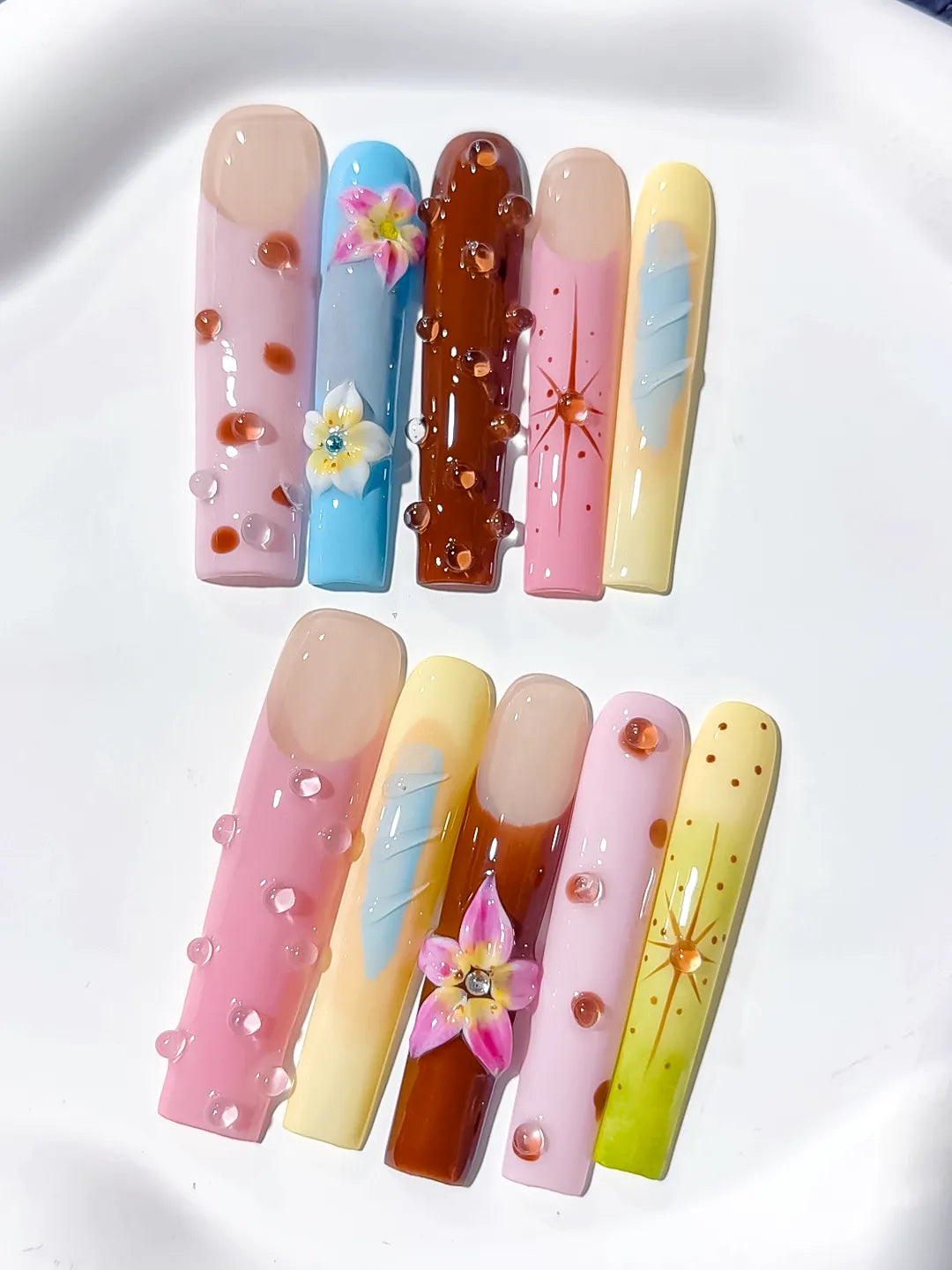 Nude Pink Brown Blue Yellow Green Abstract Flower Dot Starburst 3D press on nails detail view