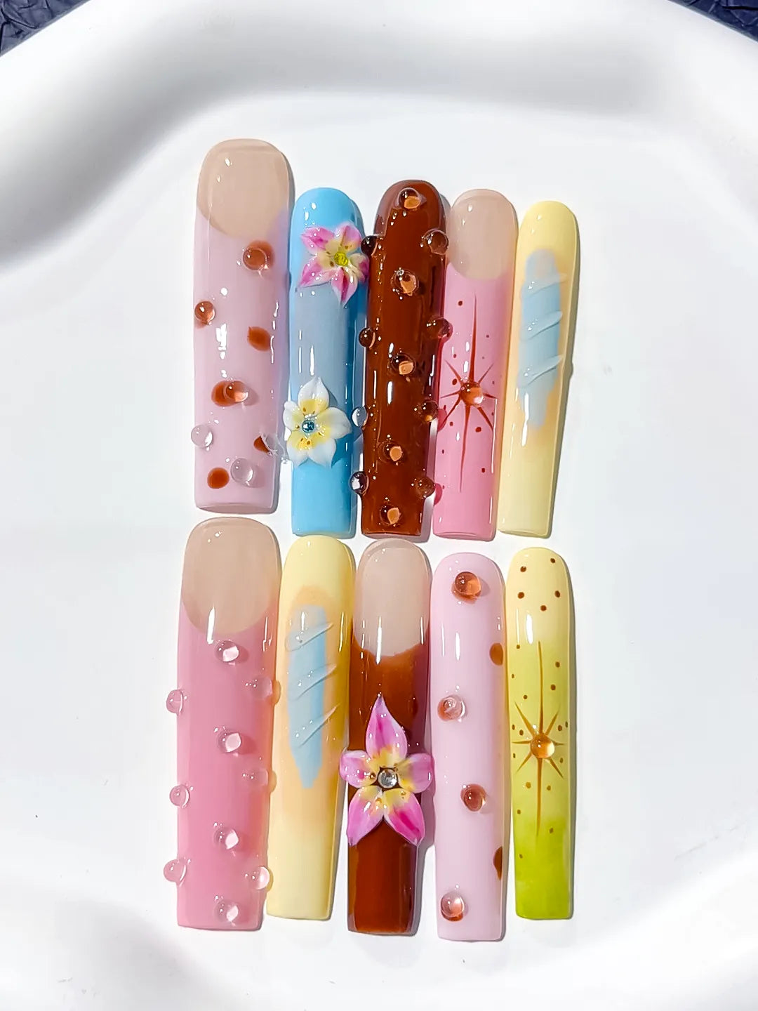 Nude Pink Brown Blue Yellow Green Abstract Flower Dot Starburst 3D press on nails detail view