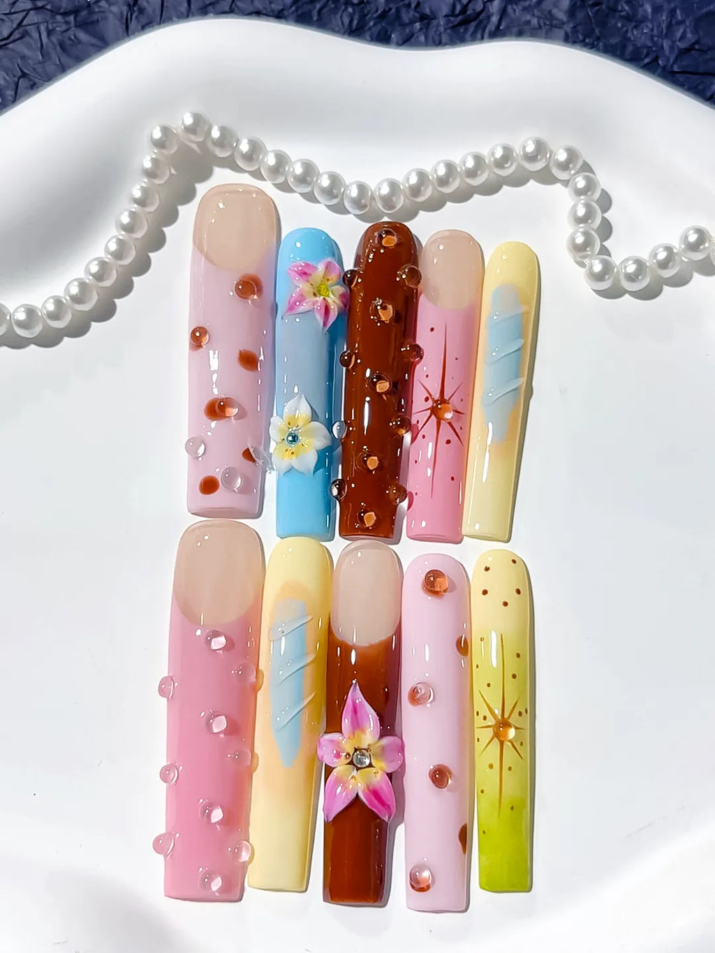 Nude Pink Brown Blue Yellow Green Abstract Flower Dot Starburst 3D press on nails detail view