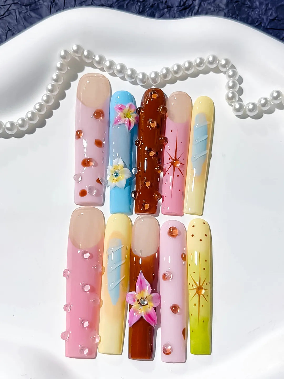 Nude Pink Brown Blue Yellow Green Abstract Flower Dot Starburst 3D press on nails detail view