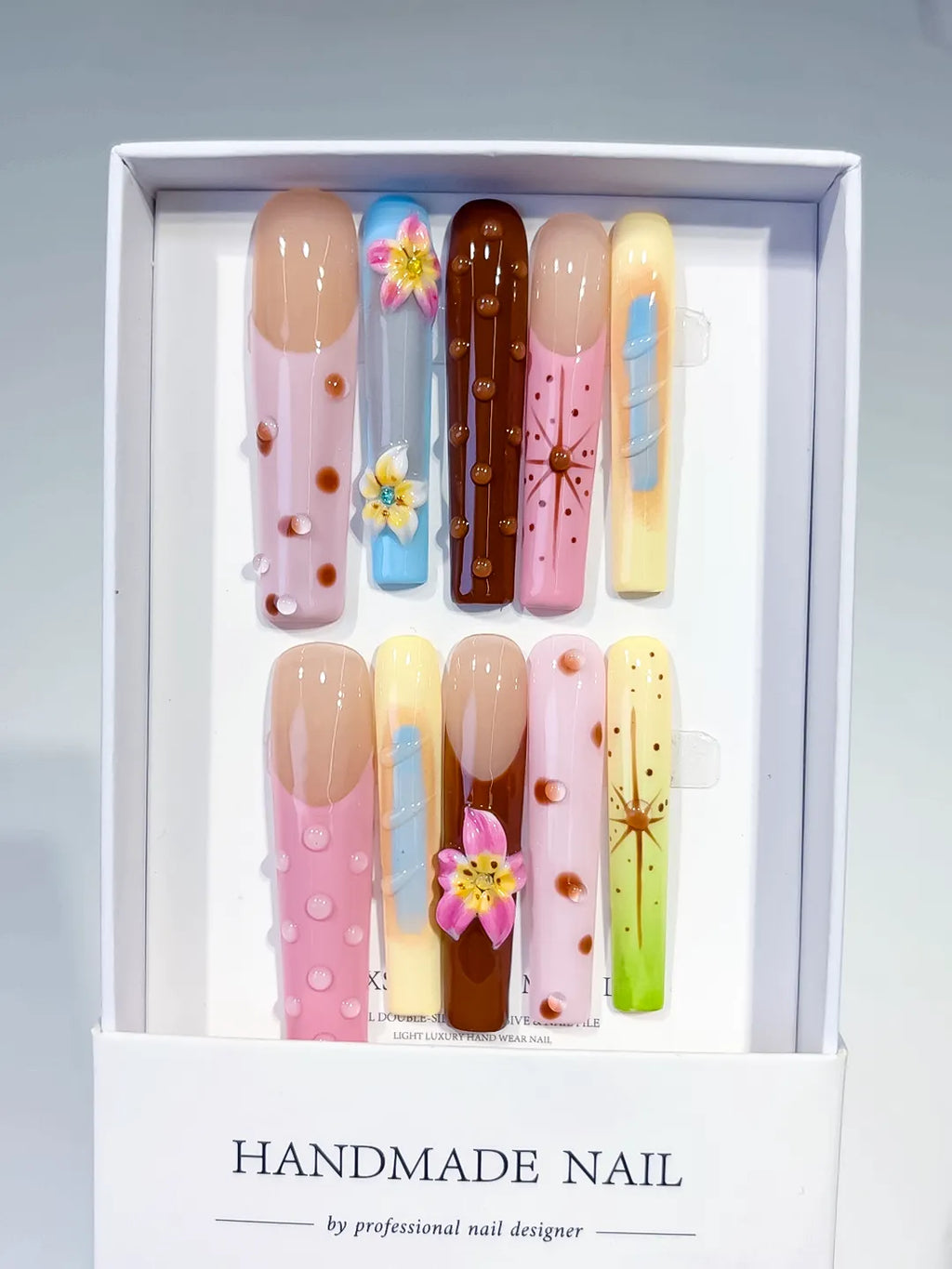 Nude Pink Brown Blue Yellow Green Abstract Flower Dot Starburst 3D press on nails full set view