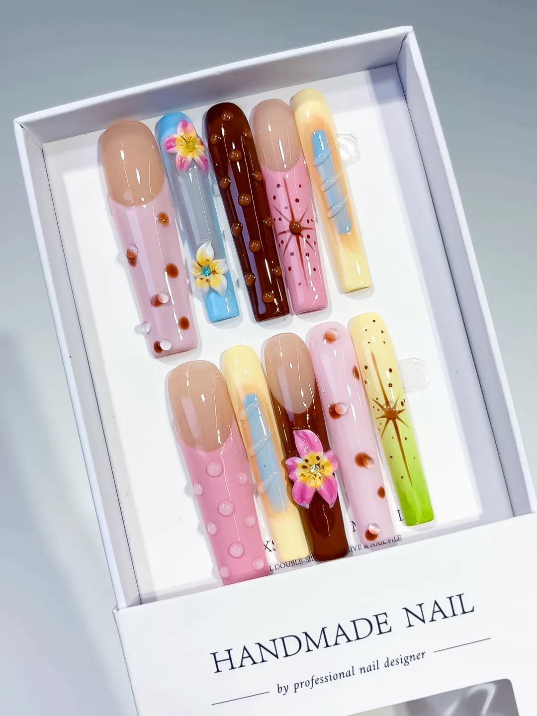 Nude Pink Brown Blue Yellow Green Abstract Flower Dot Starburst 3D press on nails angled view