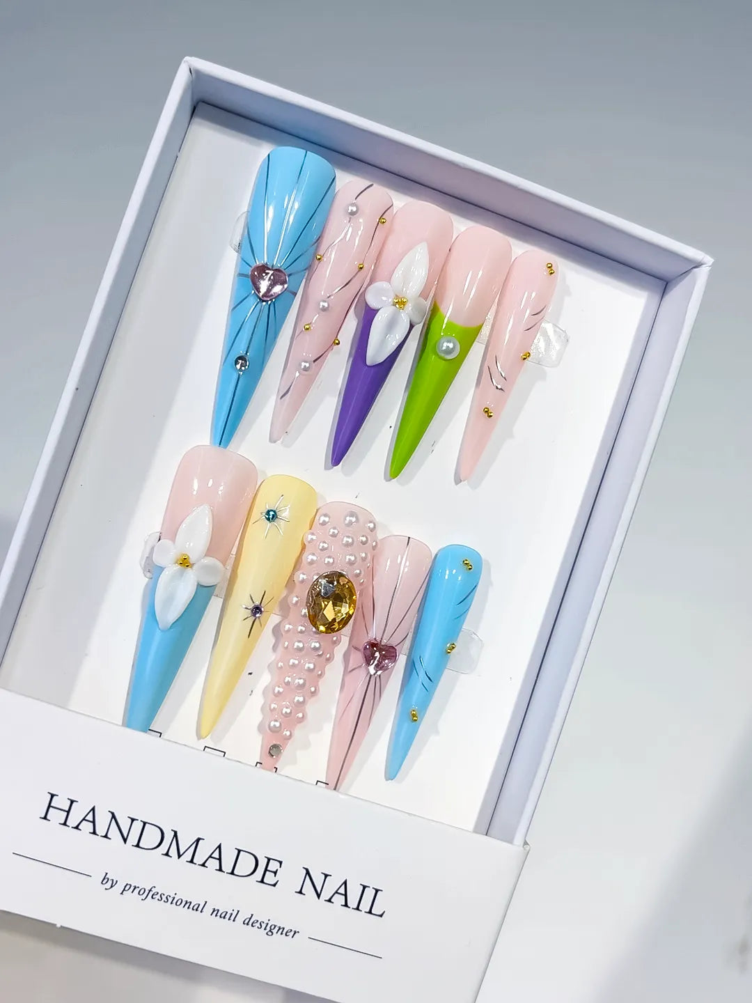 Blue Nude Pink Purple Green Yellow White Gold Abstract Flower Pearl Heart Rhinestone 3D press on nails