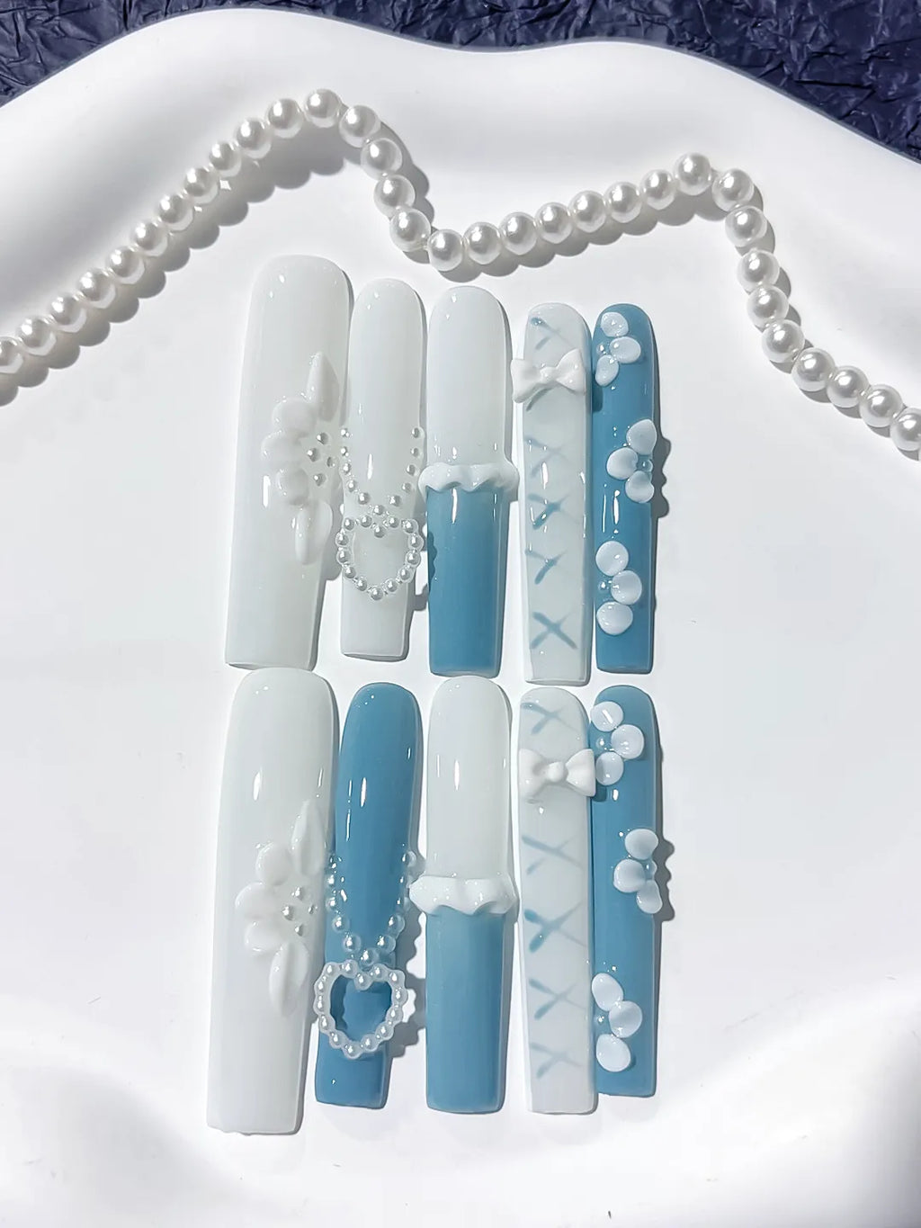 White Blue French tip Pearl Bow Flower Heart 3D press on nails close up