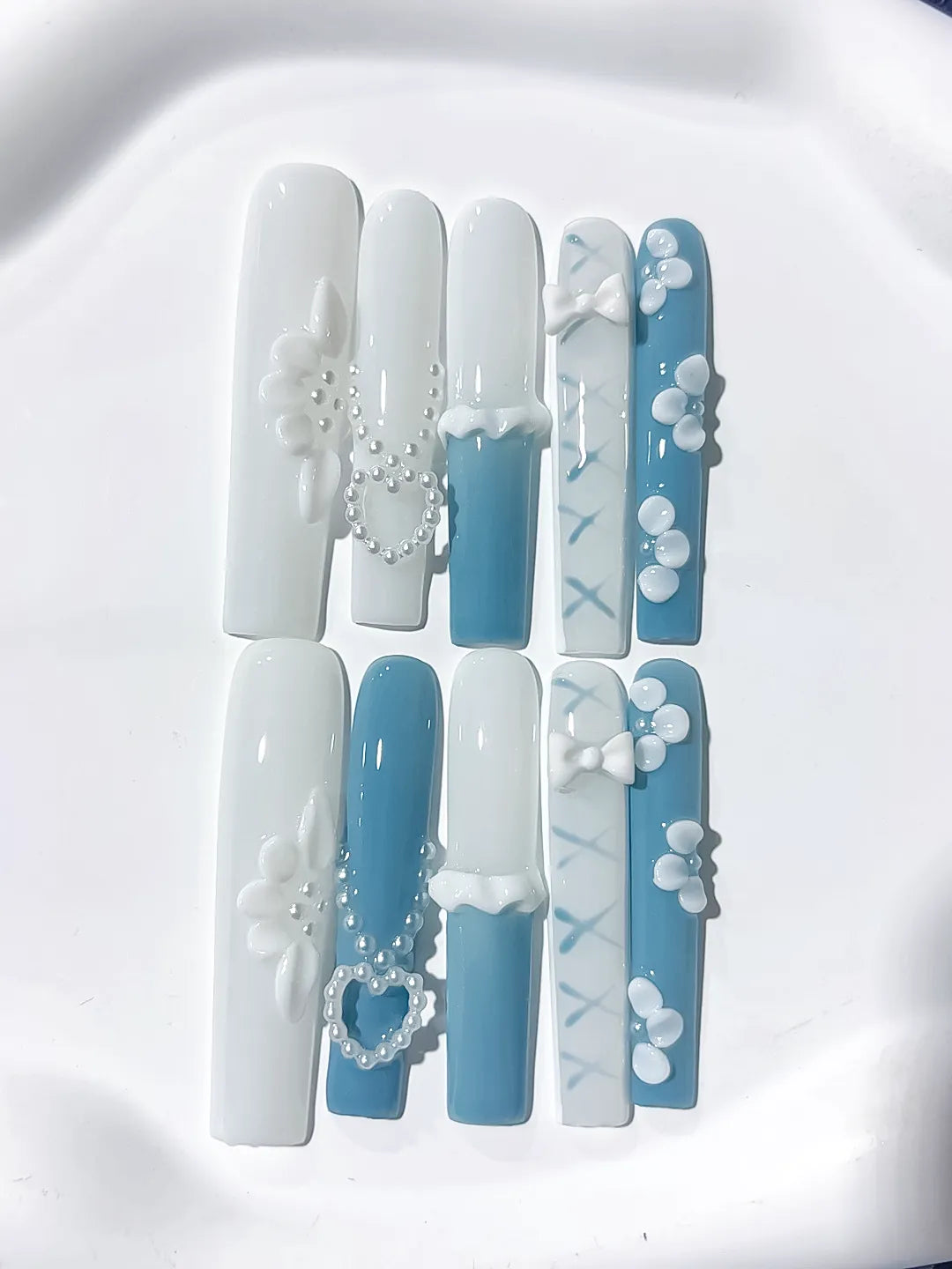 White Blue French tip Pearl Bow Flower Heart 3D press on nails detail view
