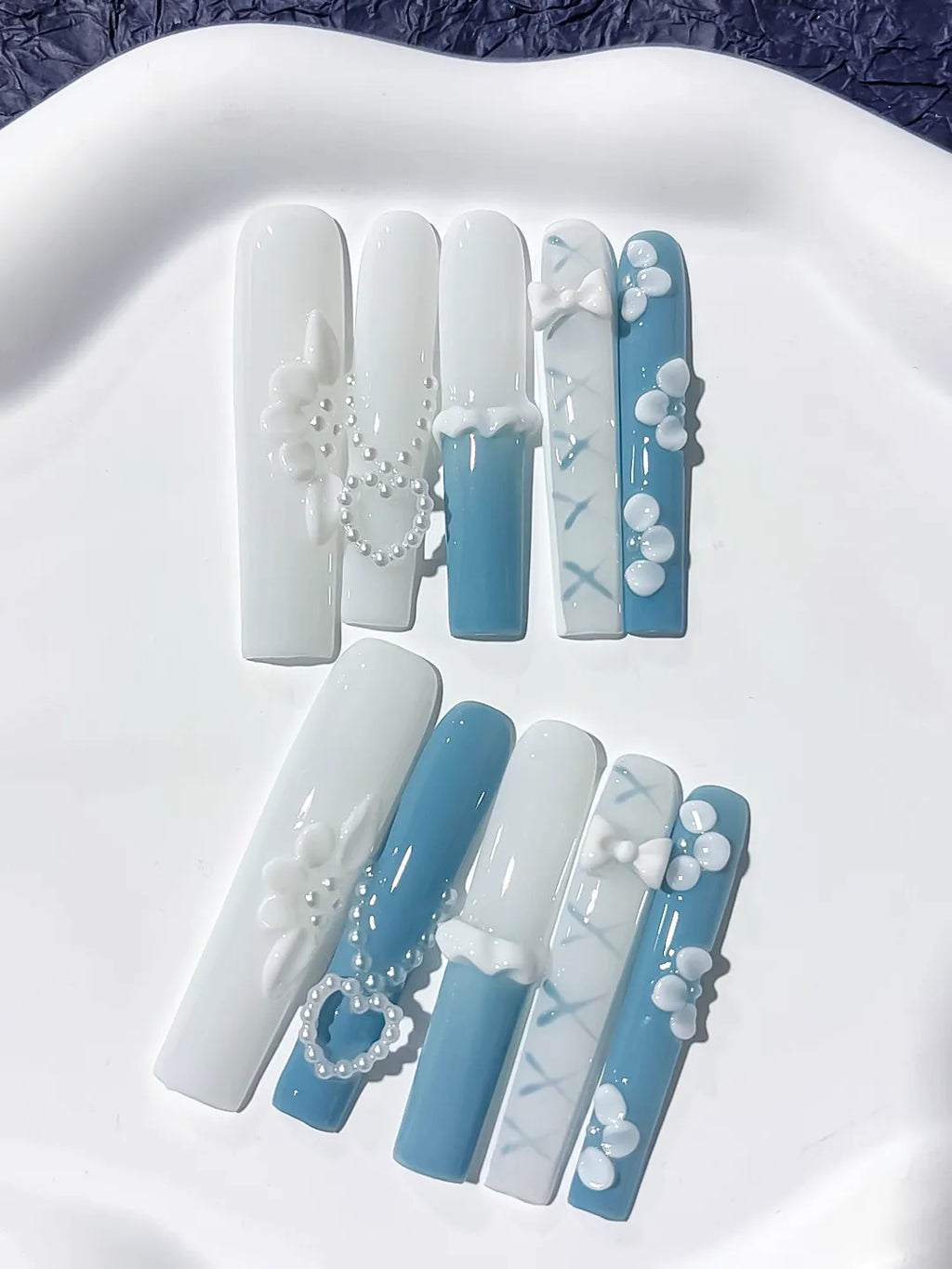White Blue French tip Pearl Bow Flower Heart 3D press on nails detail view