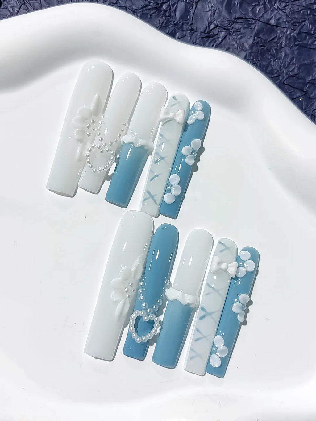 White Blue French tip Pearl Bow Flower Heart 3D press on nails detail view
