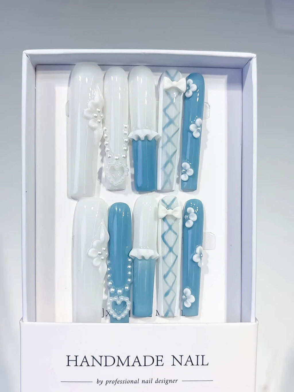 White Blue French tip Pearl Bow Flower Heart 3D press on nails full set view