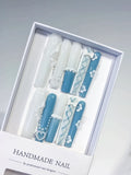 White Blue French tip Pearl Bow Flower Heart 3D press on nails