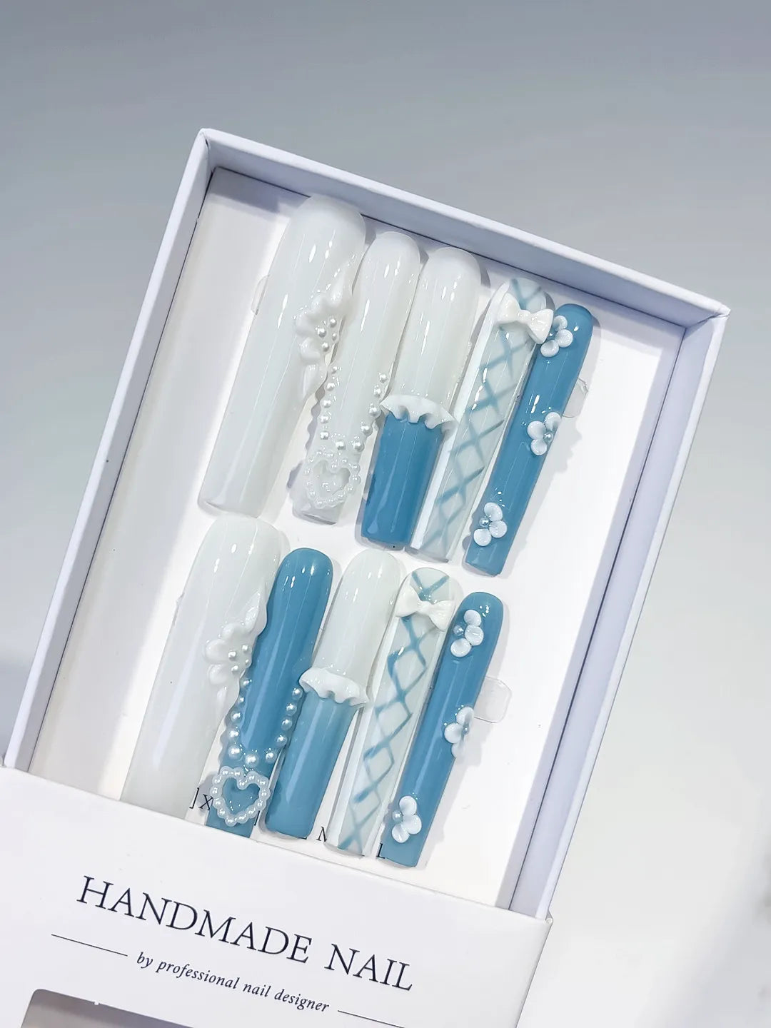 White Blue French tip Pearl Bow Flower Heart 3D press on nails