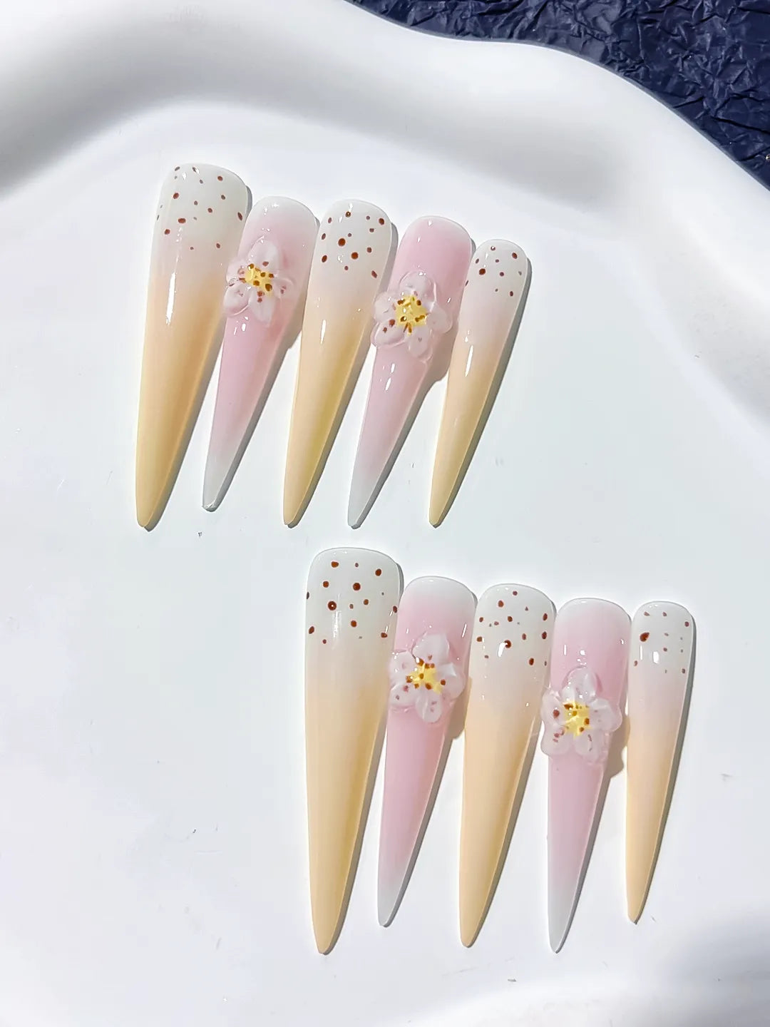White Yellow Nude Pink Brown Ombre Flower Dot 3D press on nails close up