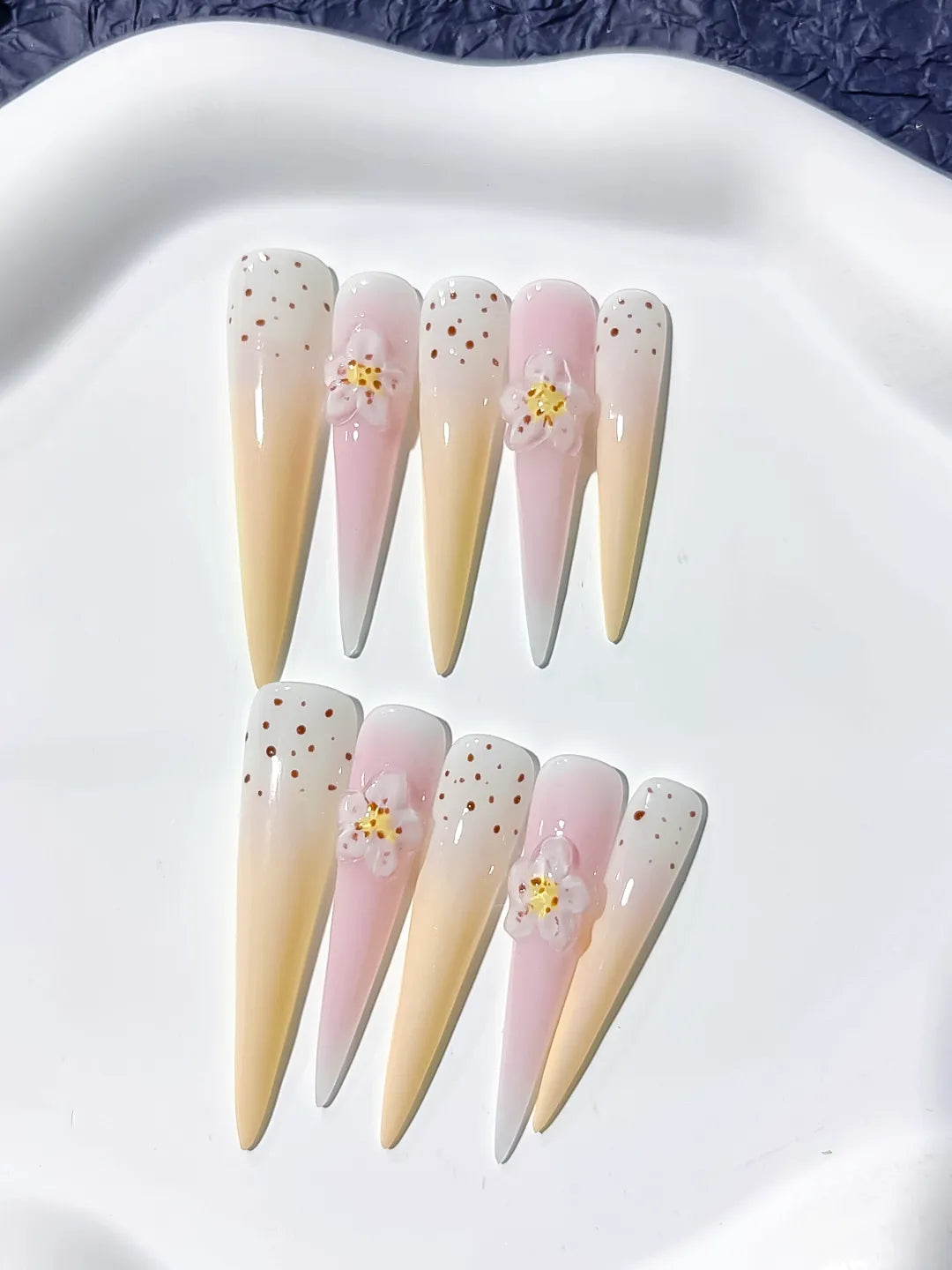 White Yellow Nude Pink Brown Ombre Flower Dot 3D press on nails detail view