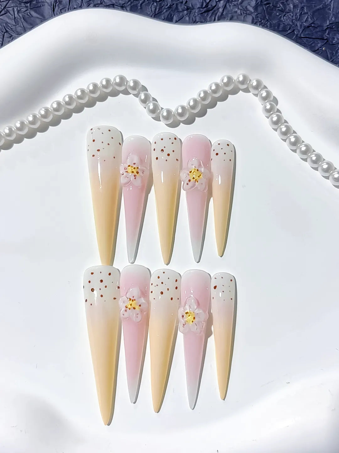 White Yellow Nude Pink Brown Ombre Flower Dot 3D press on nails detail view