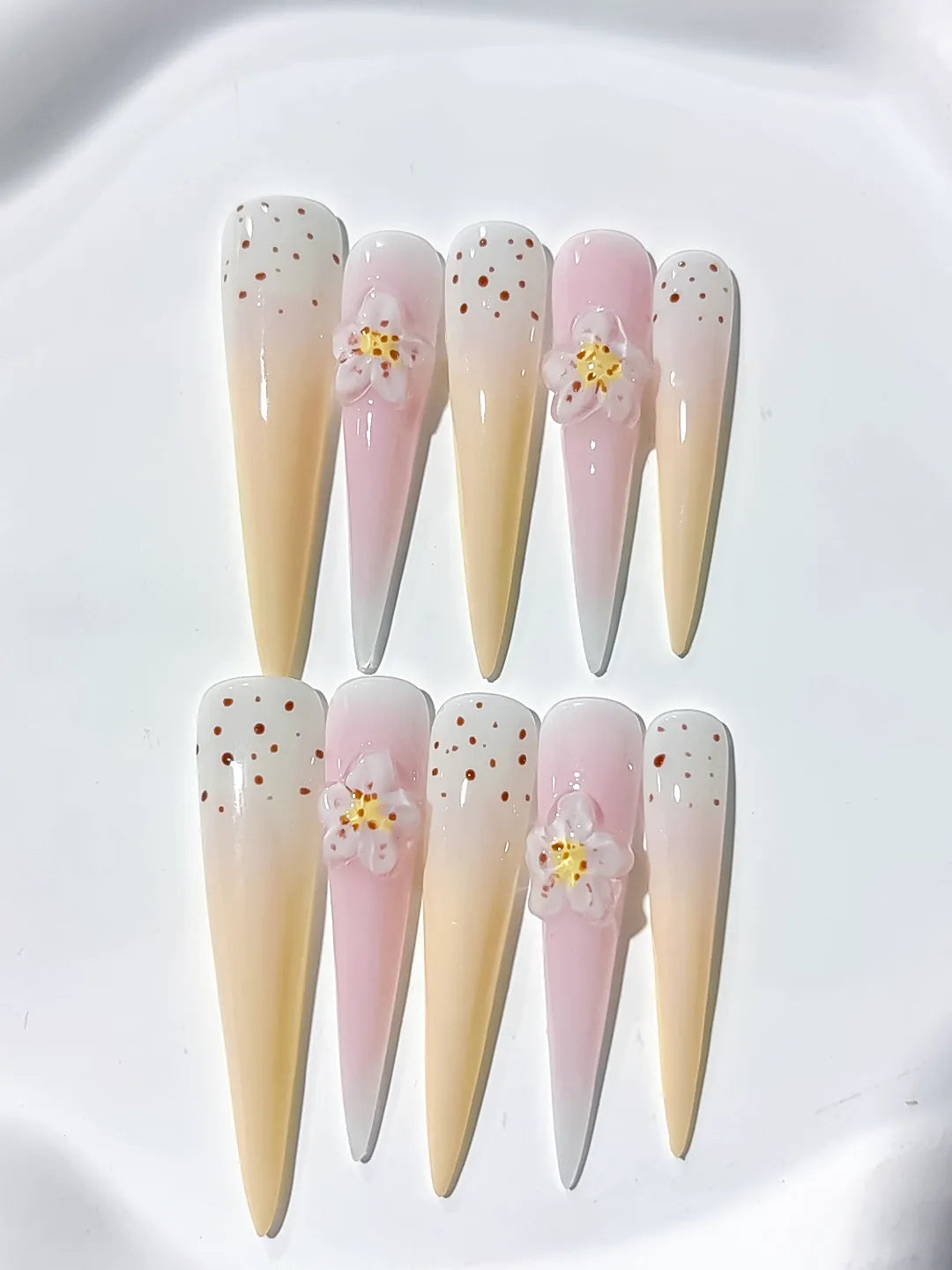 White Yellow Nude Pink Brown Ombre Flower Dot 3D press on nails detail view