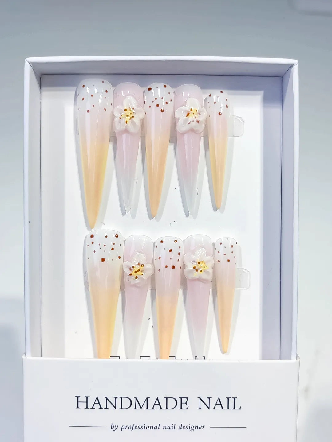 White Yellow Nude Pink Brown Ombre Flower Dot 3D press on nails full set view