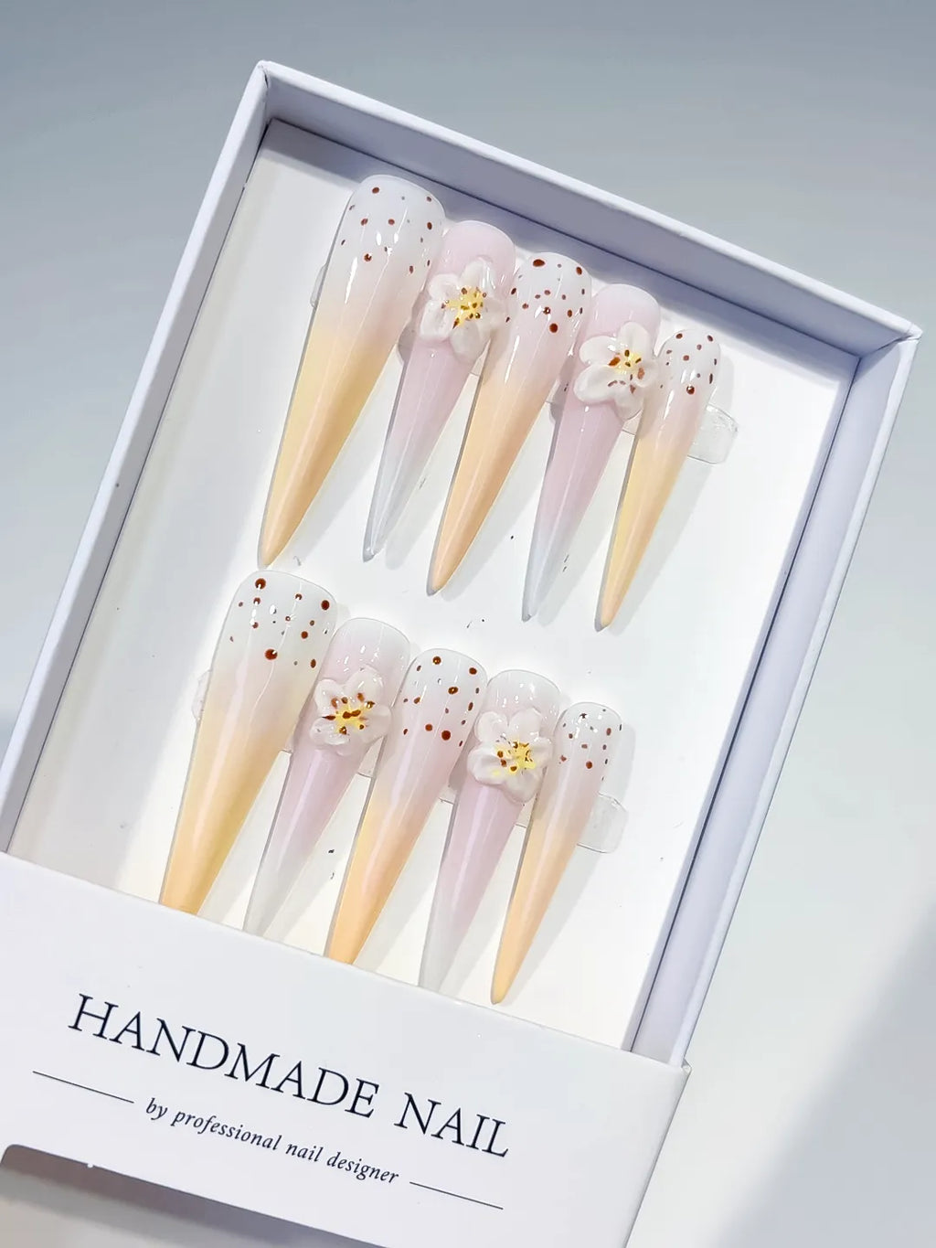 White Yellow Nude Pink Brown Ombre Flower Dot 3D press on nails
