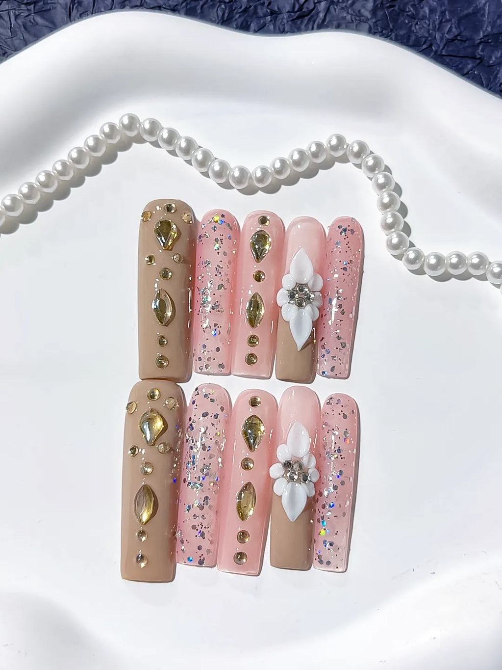 Nude Pink Silver Gold White Glitter Flower Rhinestone Metallic Accent 3D press on nails detail view