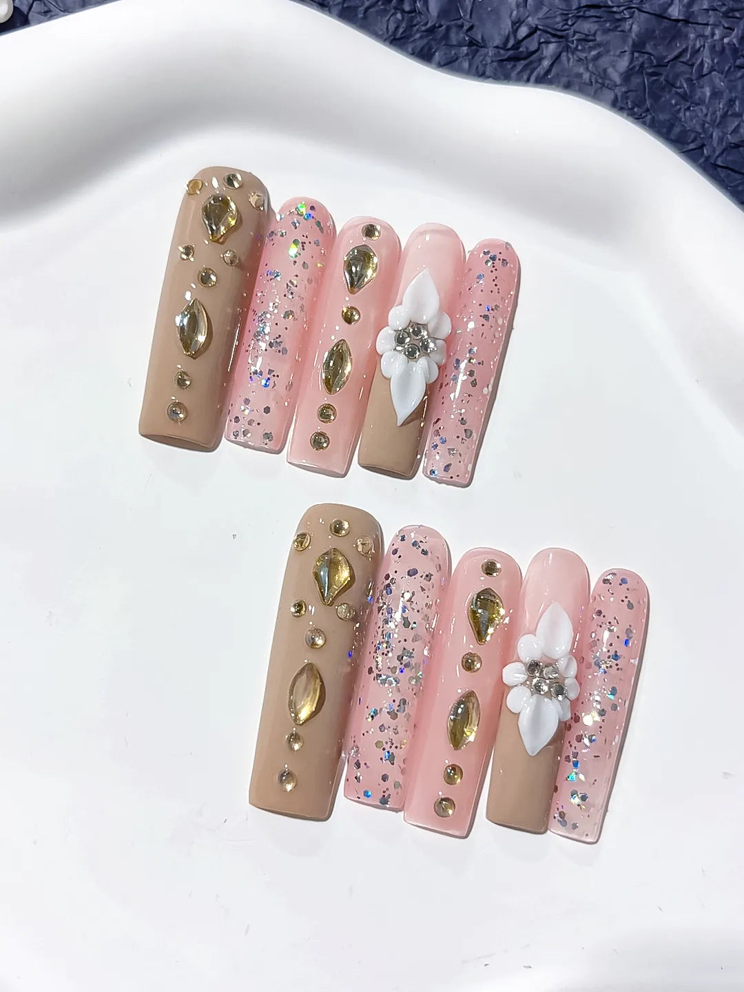 Nude Pink Silver Gold White Glitter Flower Rhinestone Metallic Accent 3D press on nails close up