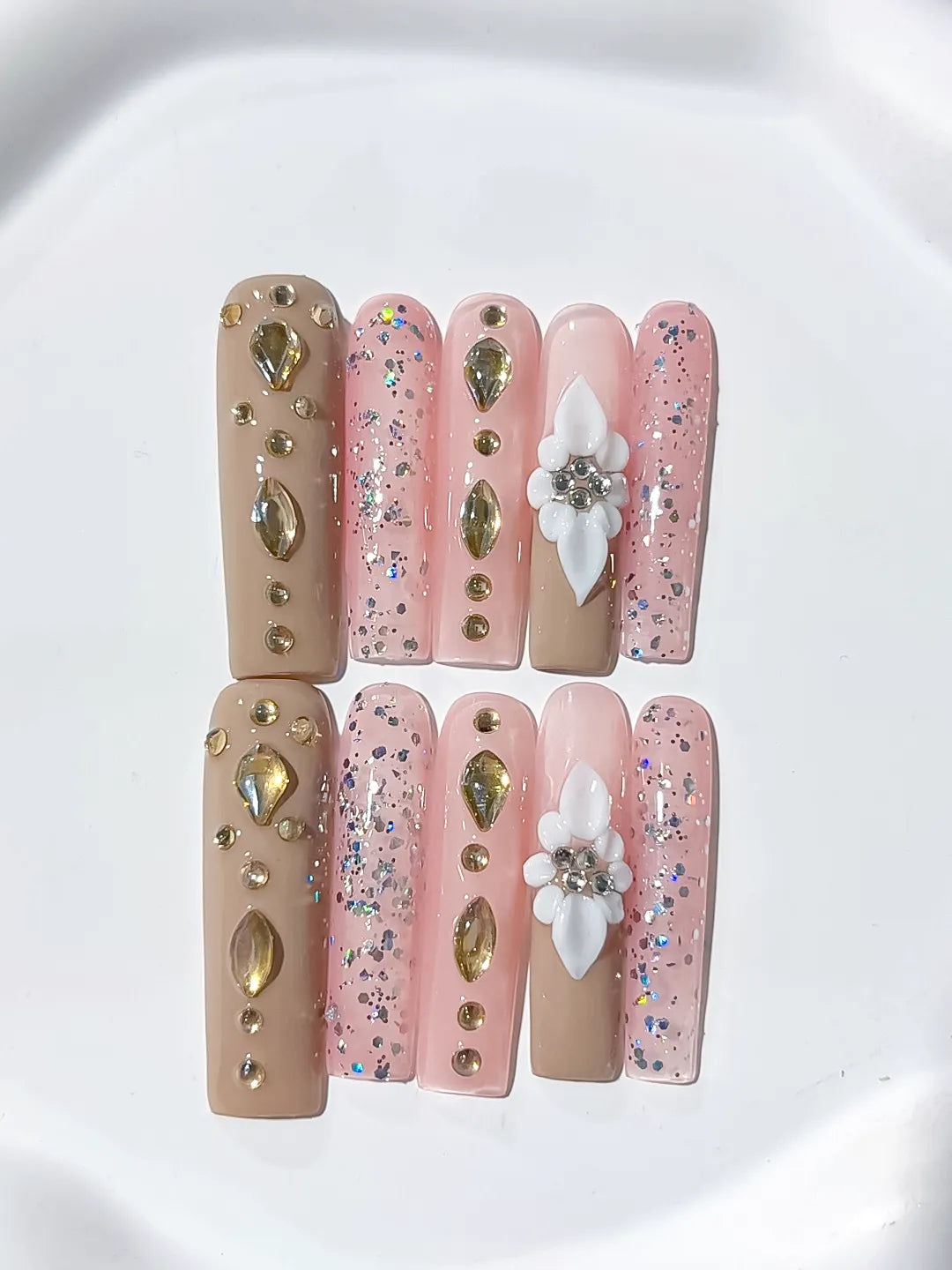 Nude Pink Silver Gold White Glitter Flower Rhinestone Metallic Accent 3D press on nails detail view