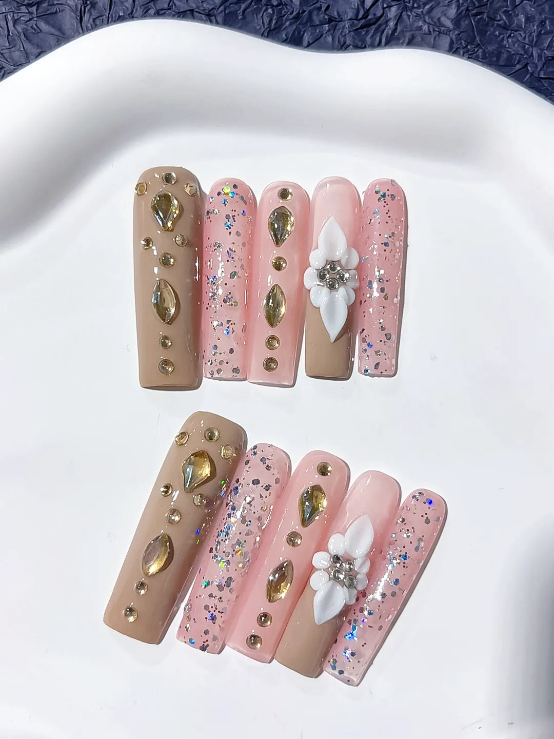 Nude Pink Silver Gold White Glitter Flower Rhinestone Metallic Accent 3D press on nails detail view